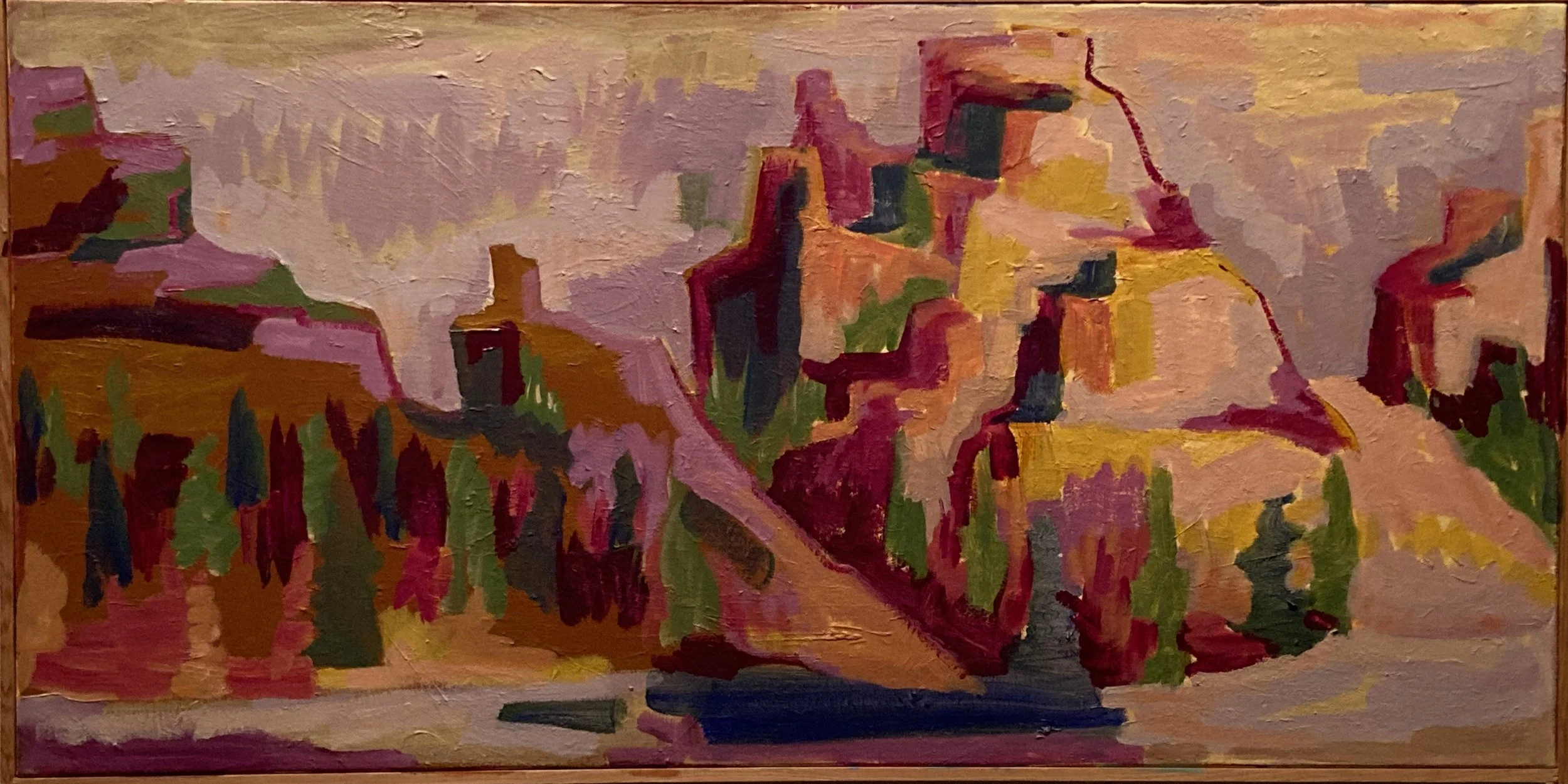 Abstract landscape painting depicting a series of cliffs and hills with vibrant colors like pink, red, yellow, green, and dark blue
