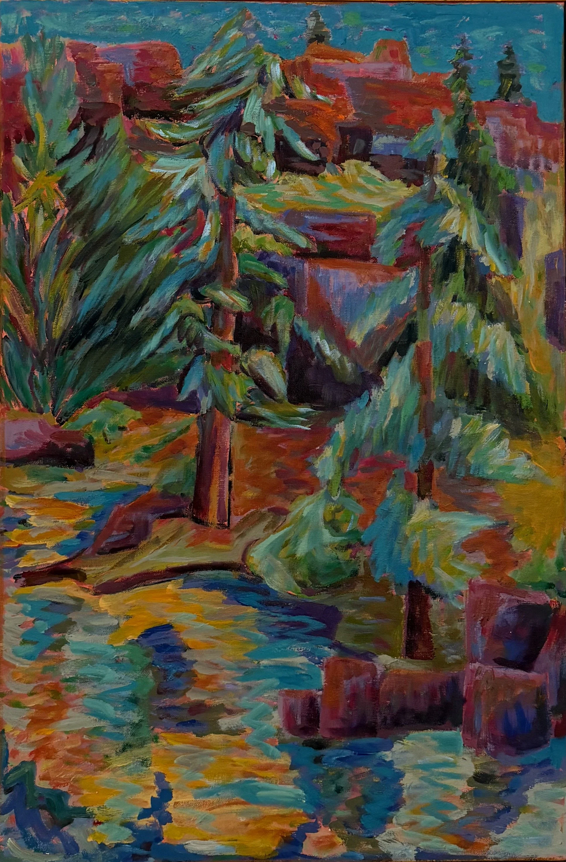An oil painting of a garden scene with tall green plants and trees, colorful foliage, and a reflection of colors on water at the bottom.