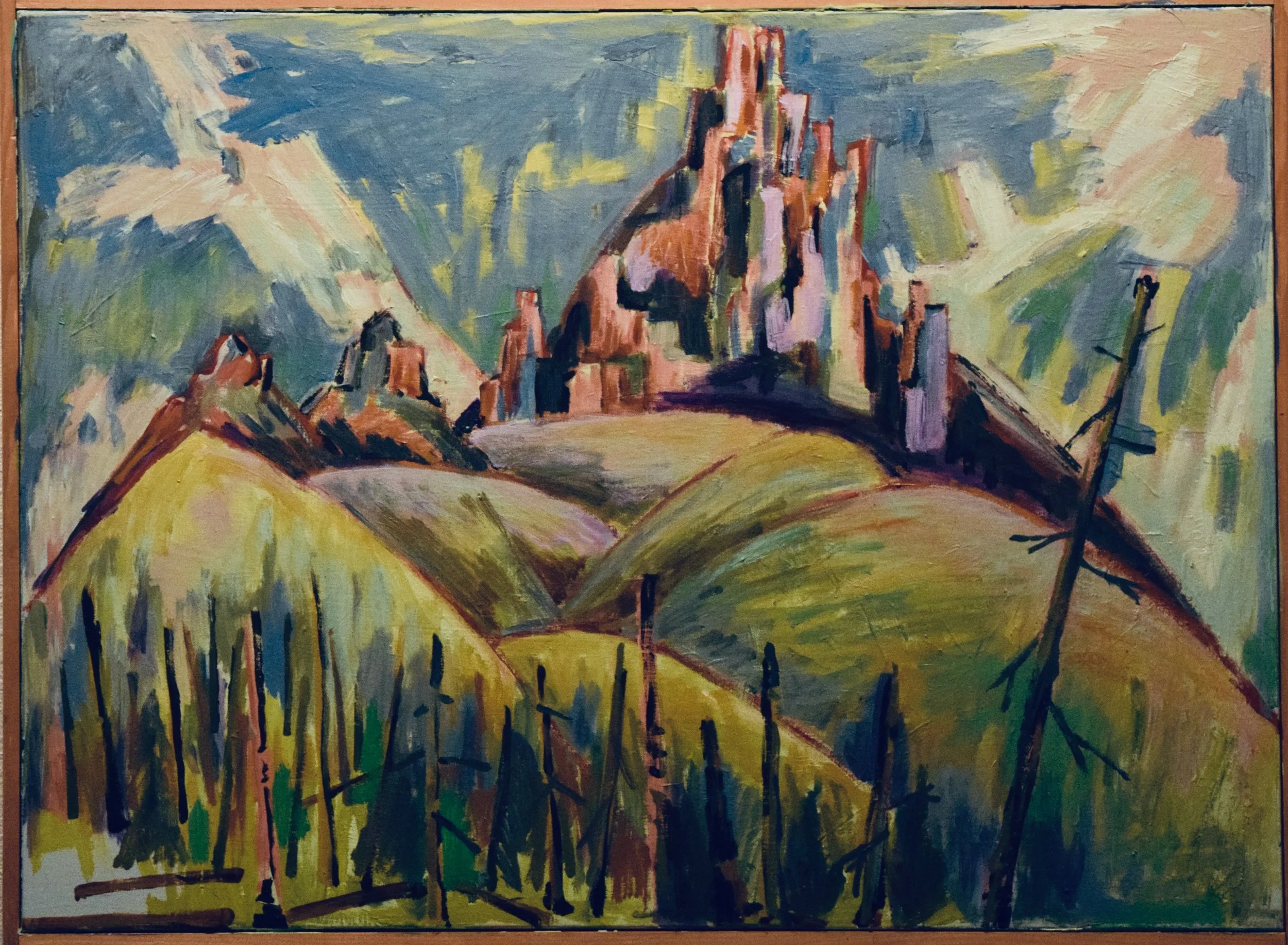 An abstract landscape painting depicting rolling green hills, a mountain range in the background, and a cloudy sky.