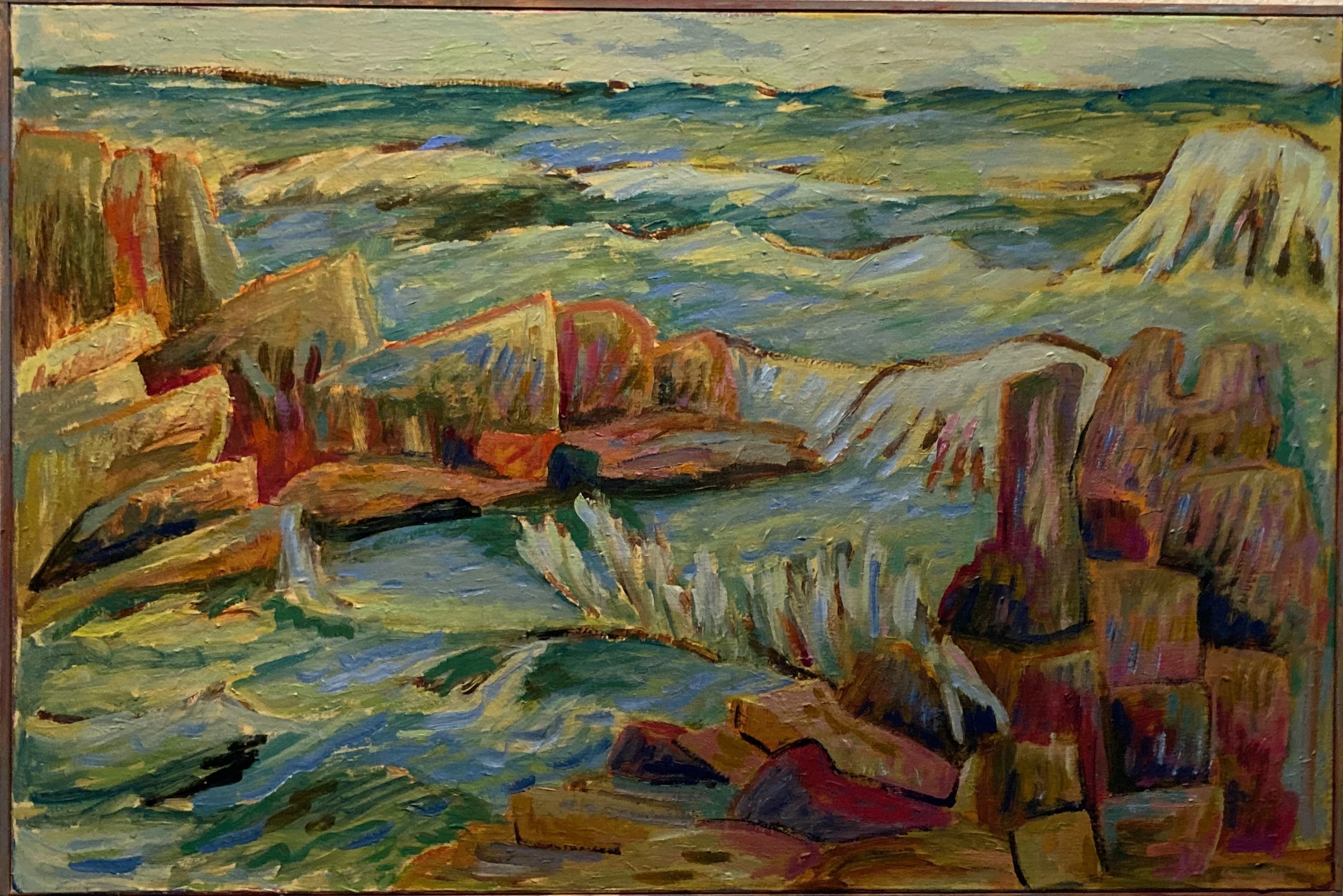 Oil painting of ocean waves crashing against rocky cliffs with a mountain in the background.