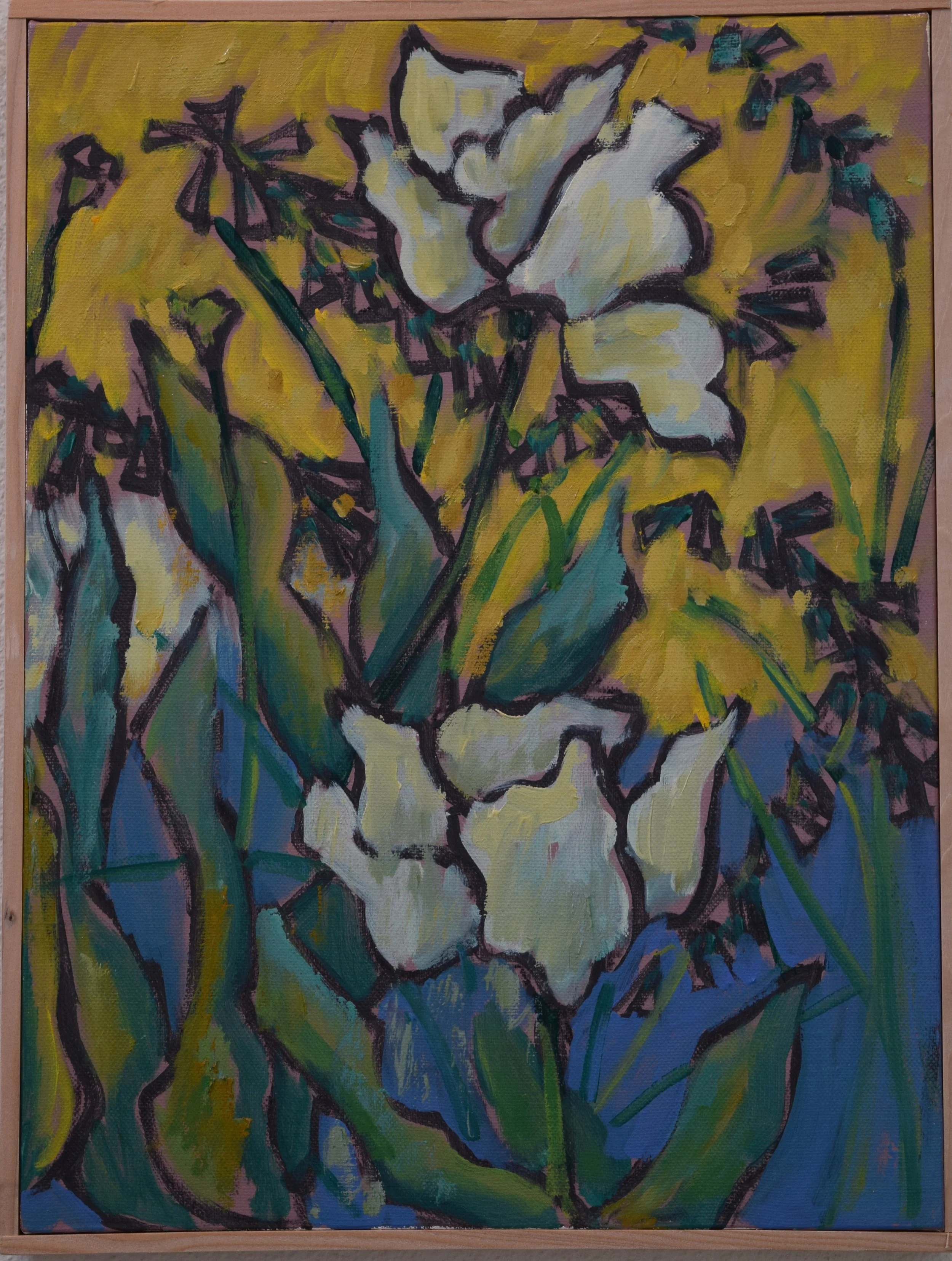 An abstract painting of white lilies with green leaves and stems against a yellow and blue background, outlined in black.