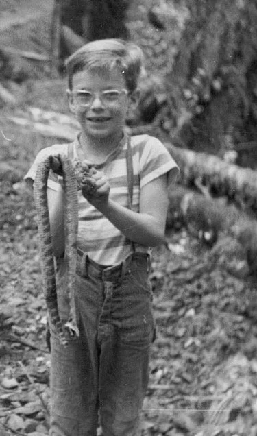 A young boy wearing glasses and a striped shirt holding a small snake outdoors near a fallen tree.