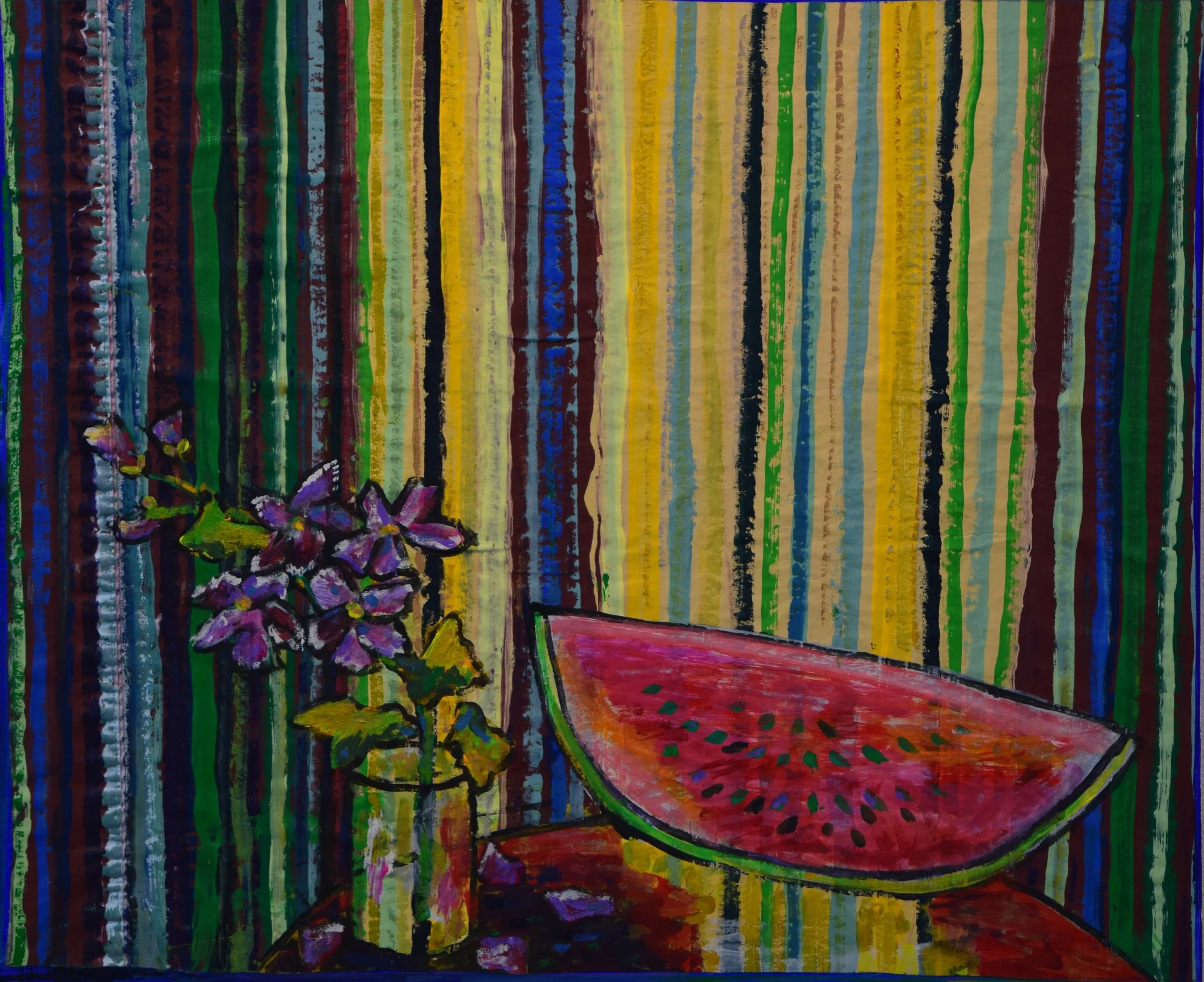 A colorful painting of purple flowers in a yellow vase, a large slice of watermelon on a red surface, against a striped multicolored background.