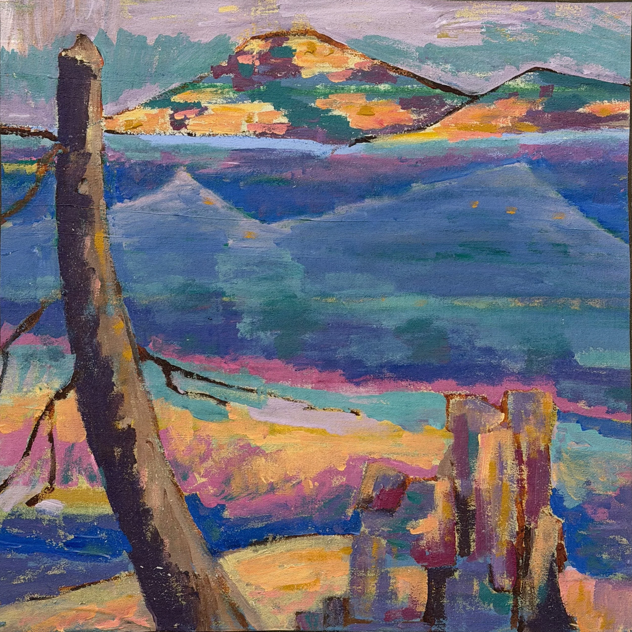 An abstract landscape painting featuring colorful mountains, a body of water, a tree in the foreground, and weathered fence posts.