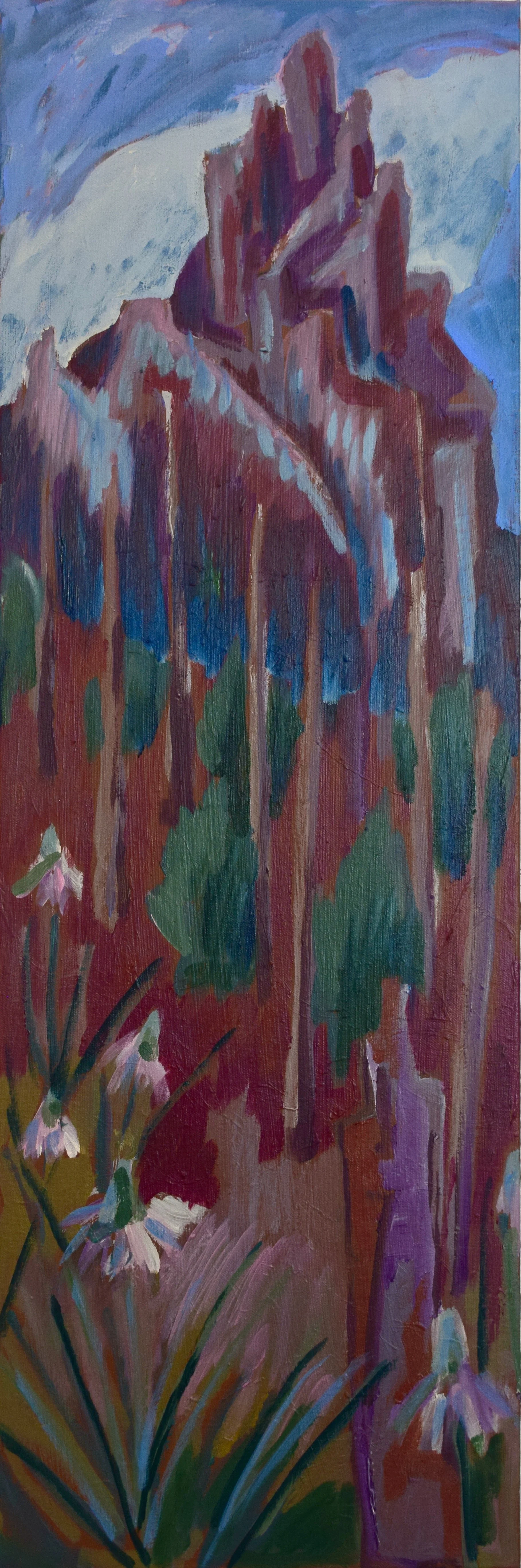 An impressionistic painting of a tall mountain with rugged slopes and steep cliffs, surrounded by trees and flowers in the foreground.