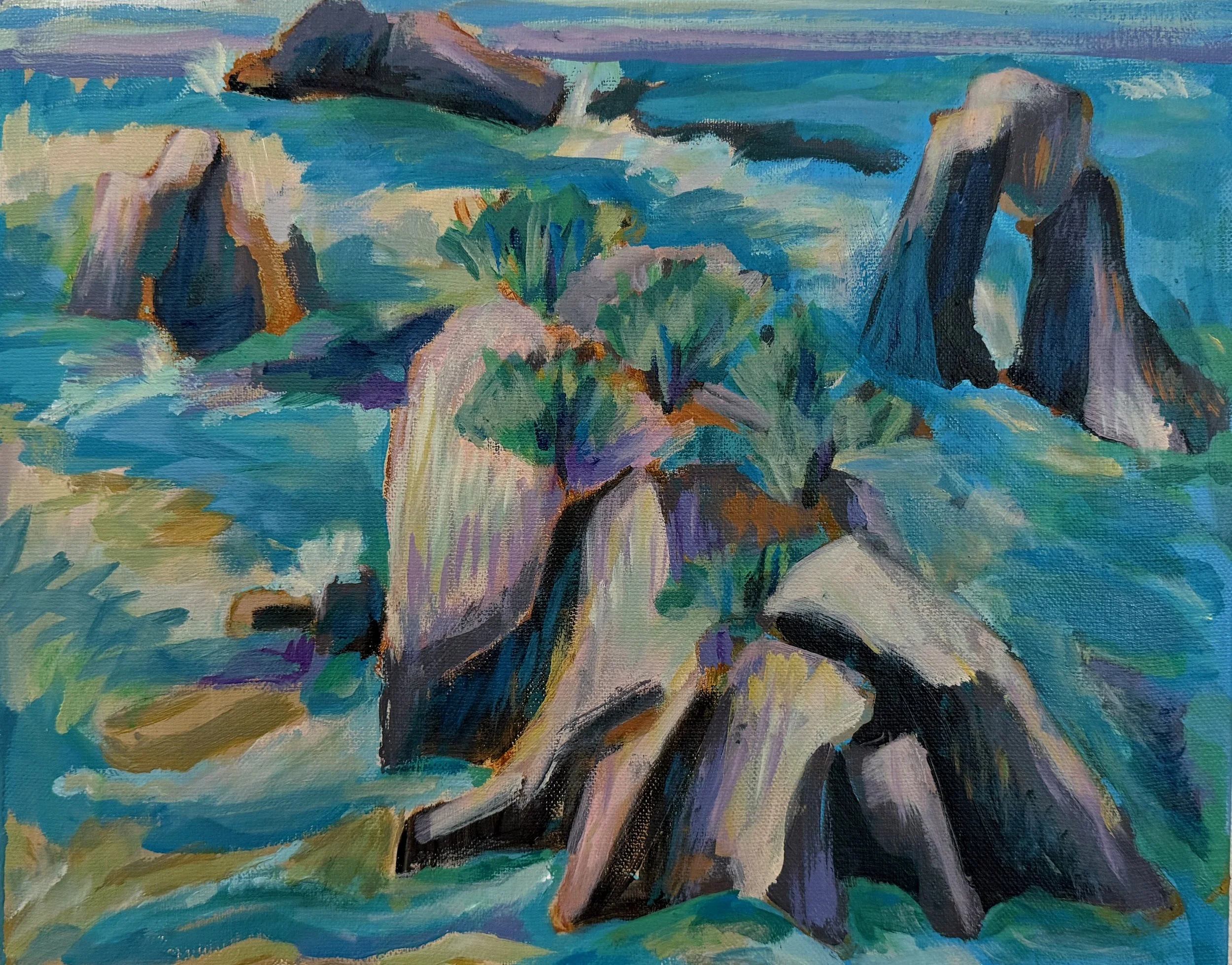 An abstract painting of rocks and green plants near the ocean, with waves splashing against the rocks.