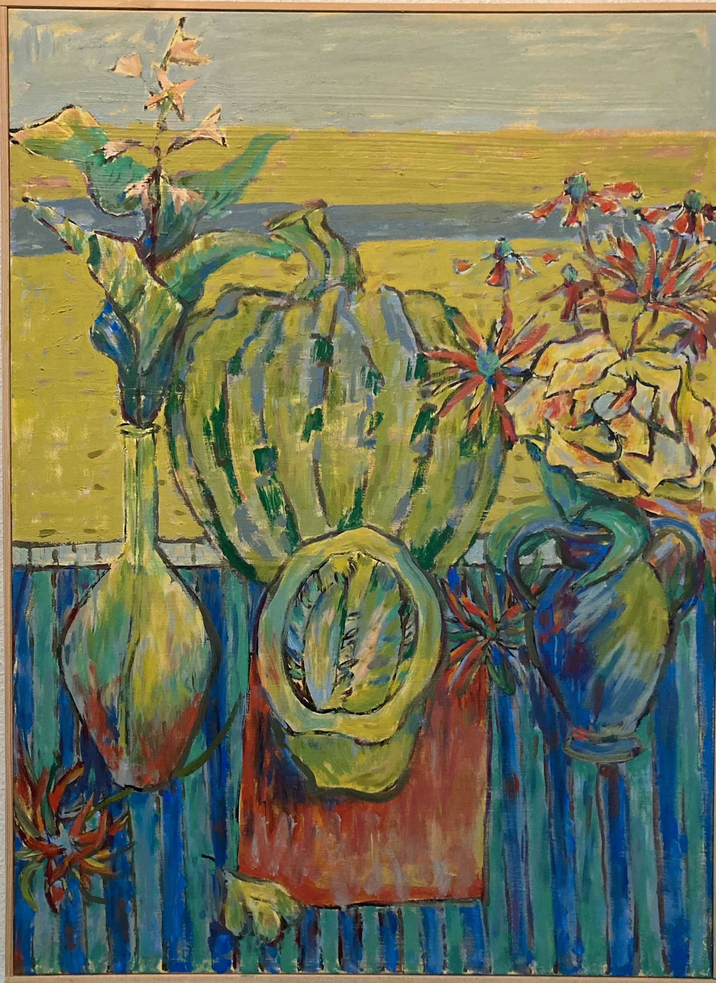 A colorful still life painting of various vases and cacti on a striped table, with a landscape background.