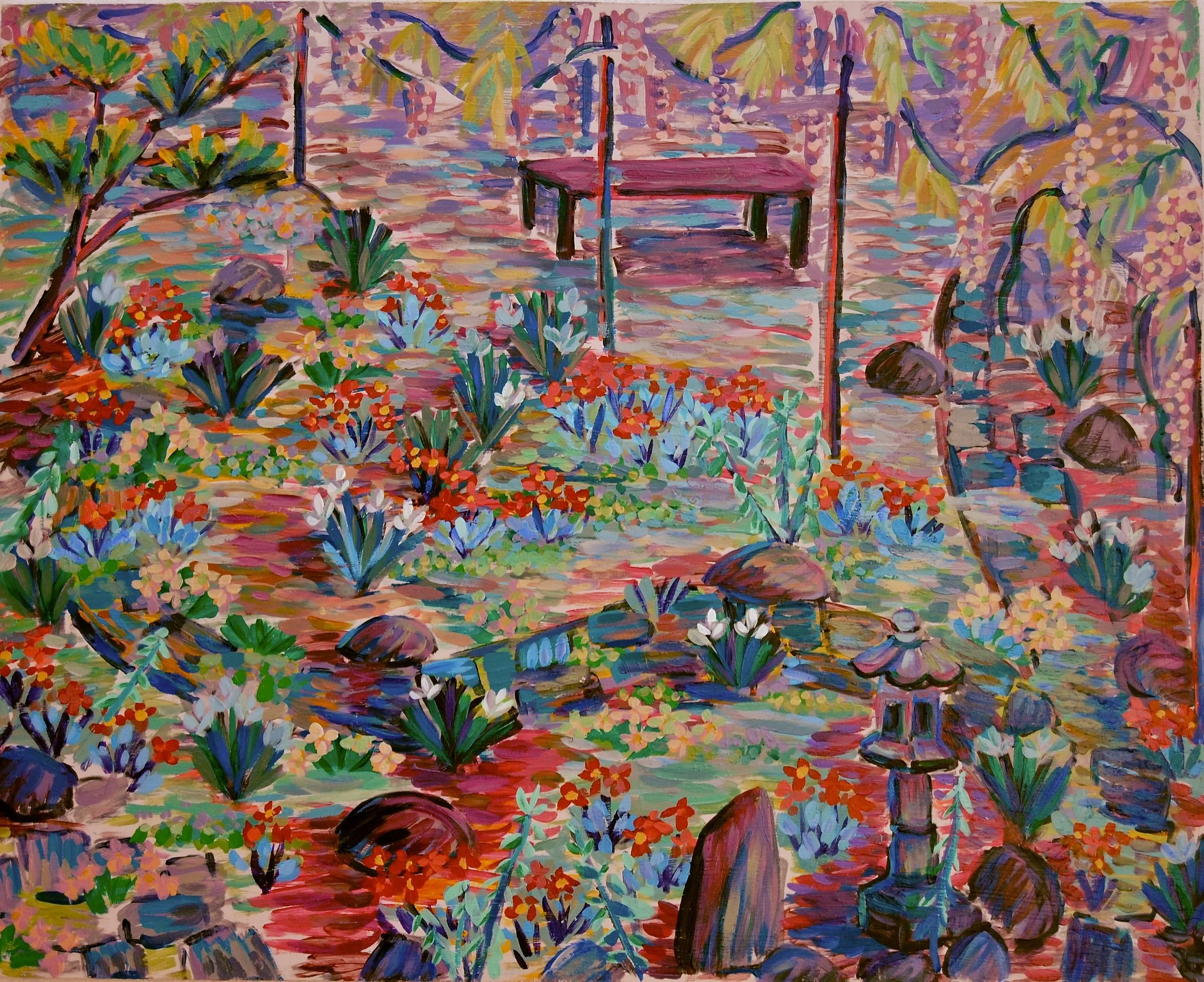 Colorful impressionist painting of a Japanese garden with blooming flowers, rocks, a stone lantern, and a small red bridge in the background.