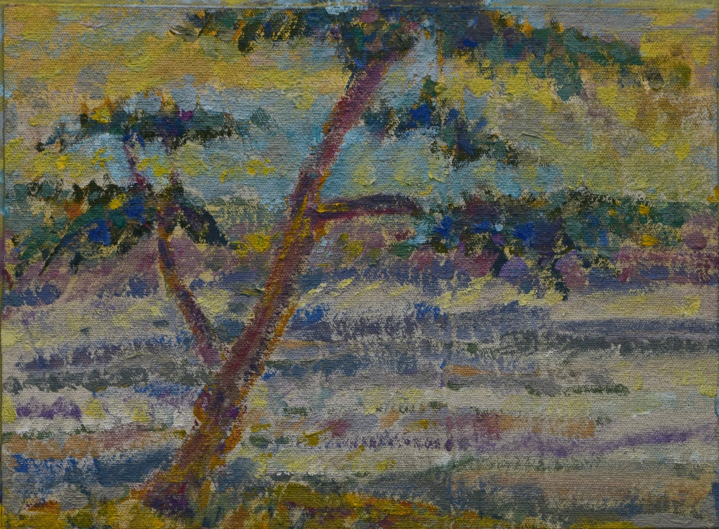 An abstract painting of a tree and landscape with colorful brushstrokes in yellow, green, blue, purple, and brown.