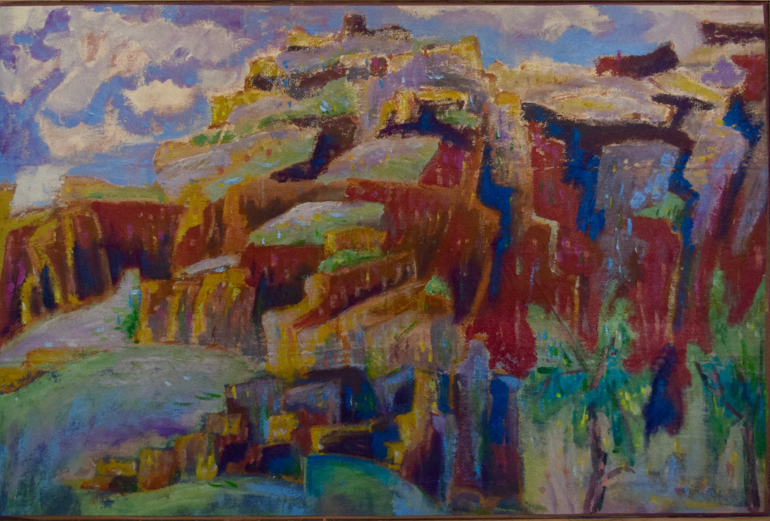 Colorful abstract painting depicting a landscape with hills, some greenery, and a cloudy sky in a vivid, impressionistic style.