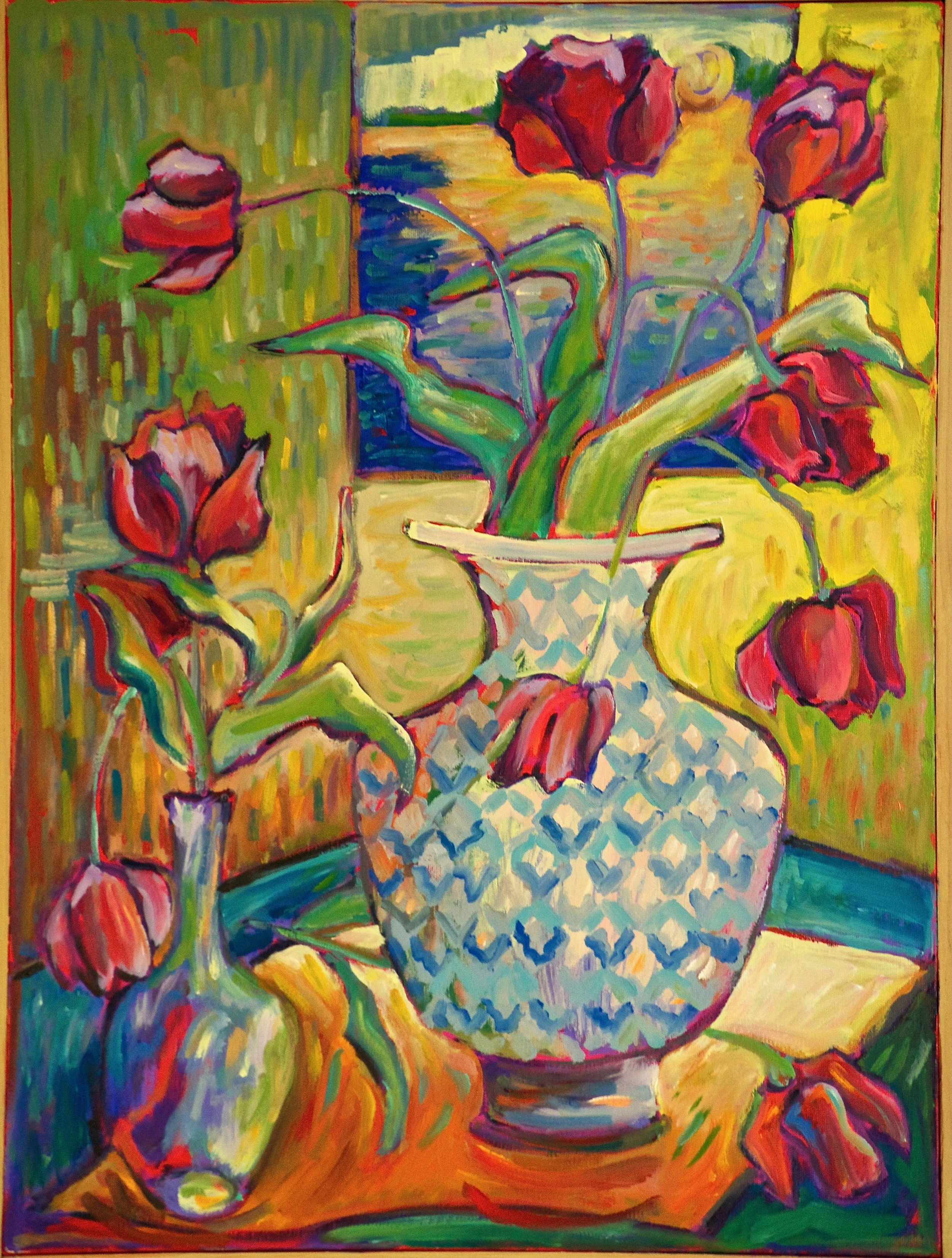 Colorful still life painting of a vase with red flowers on a table, with additional vases and flowers in the background.