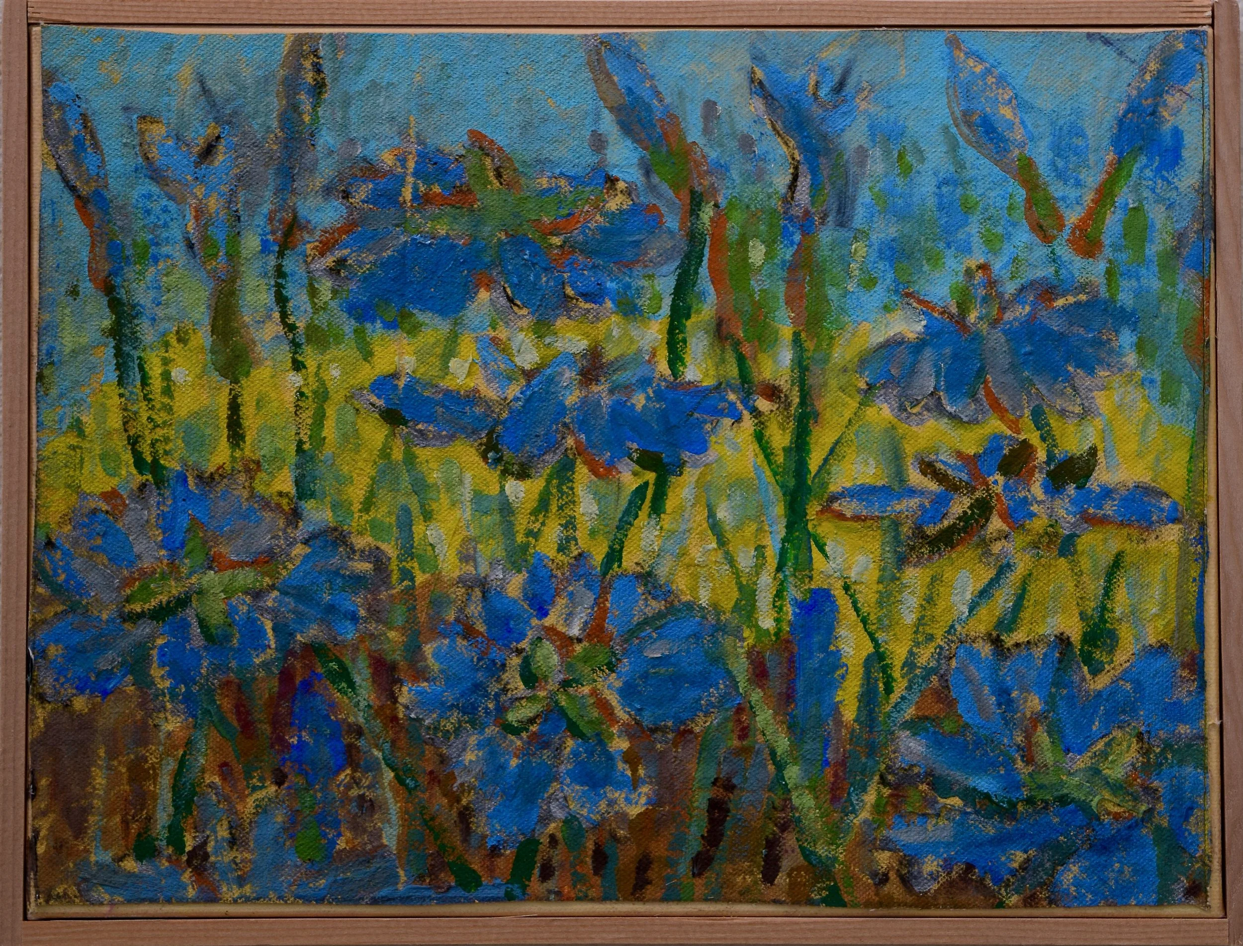 A colorful impressionist painting of blue flowers with green stems and yellow background, framed in wood.