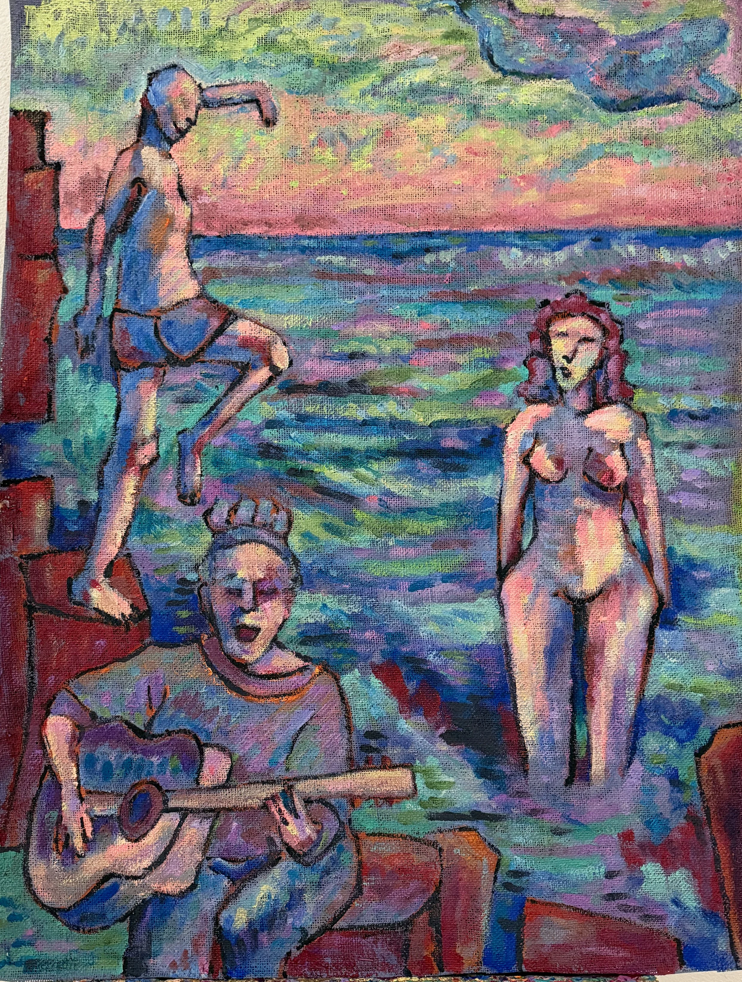 Painting of a beach scene with three people. One person is sitting on the edge of a pier, another is standing in the water, and a third person is sitting and playing guitar. The background features colorful water and sky during sunset.