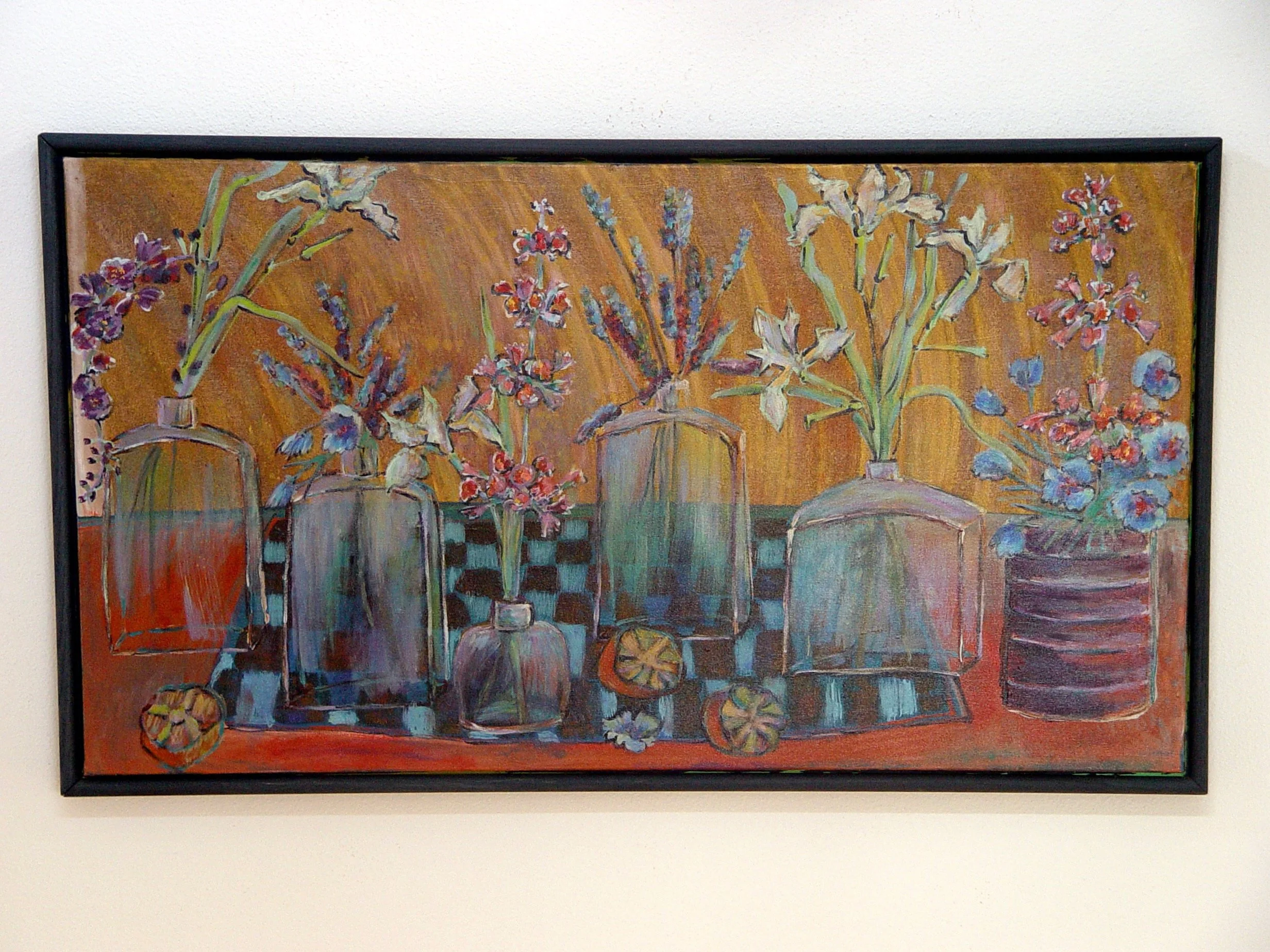 Painting of five vases with colorful flowers on a table against a yellowish background.