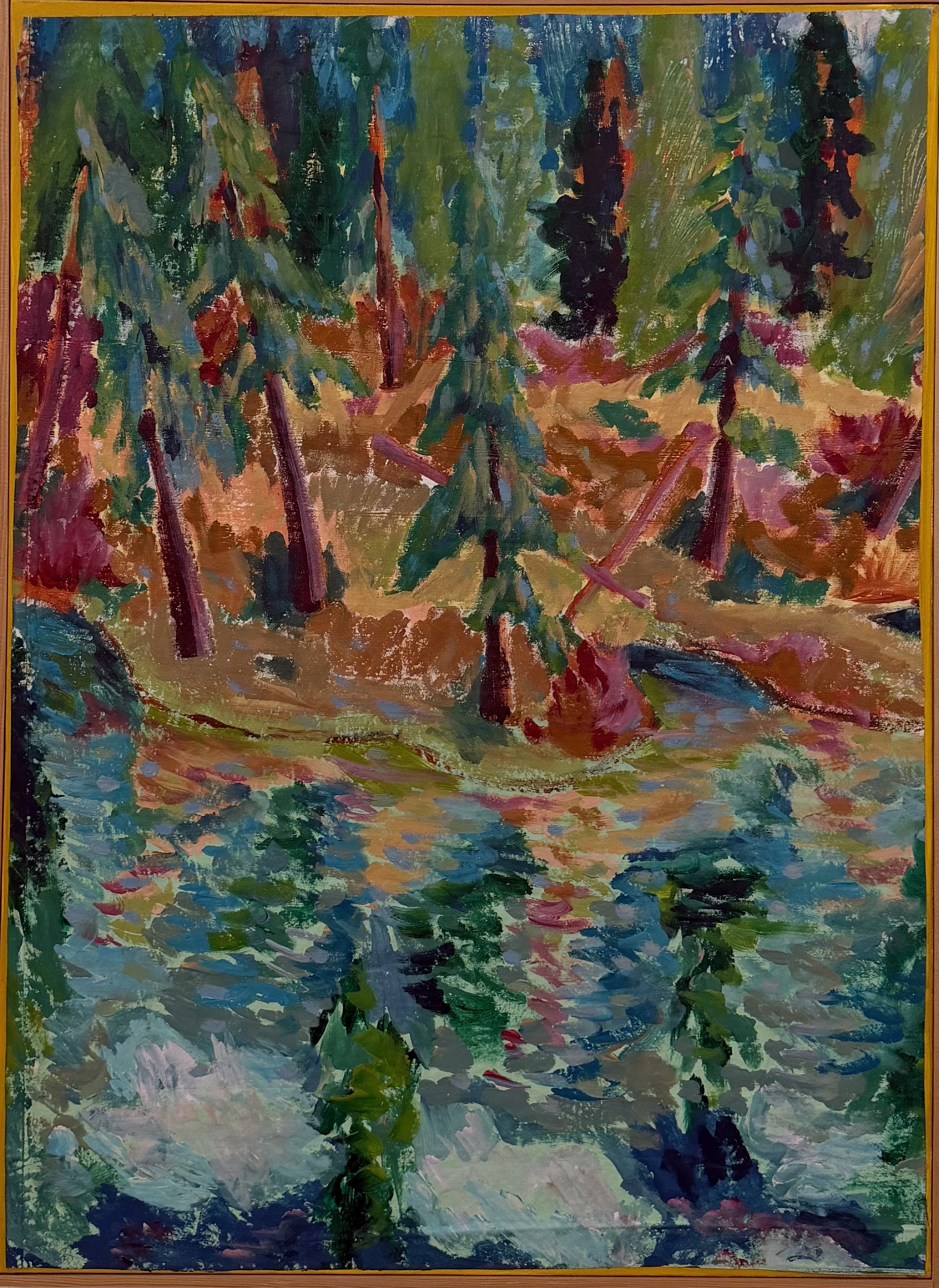 Impressionist painting of a forest with tall trees and reflected foliage in a body of water.