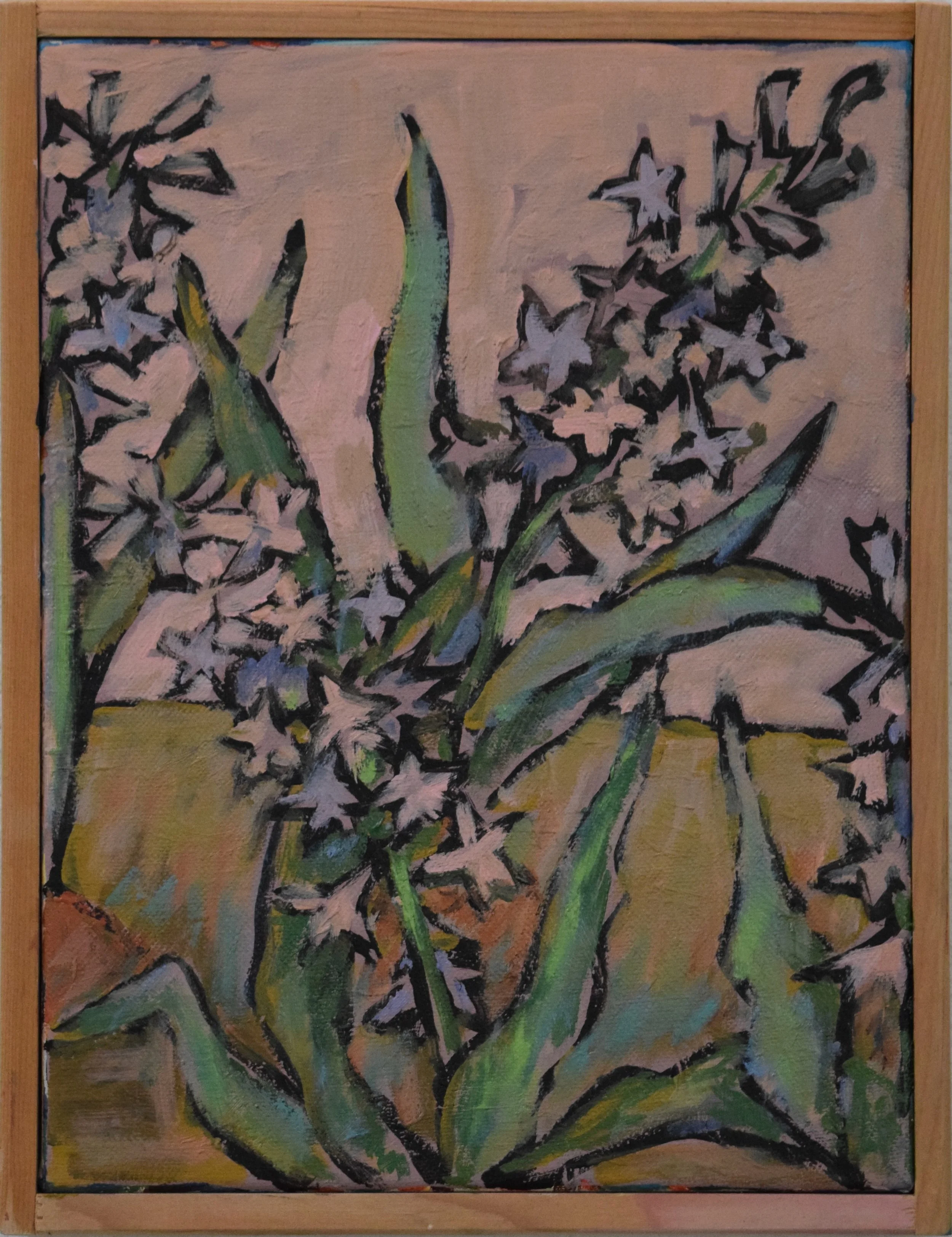 Painting of a flowering plant with purple flowers, green leaves, and long green stems on a pinkish background.