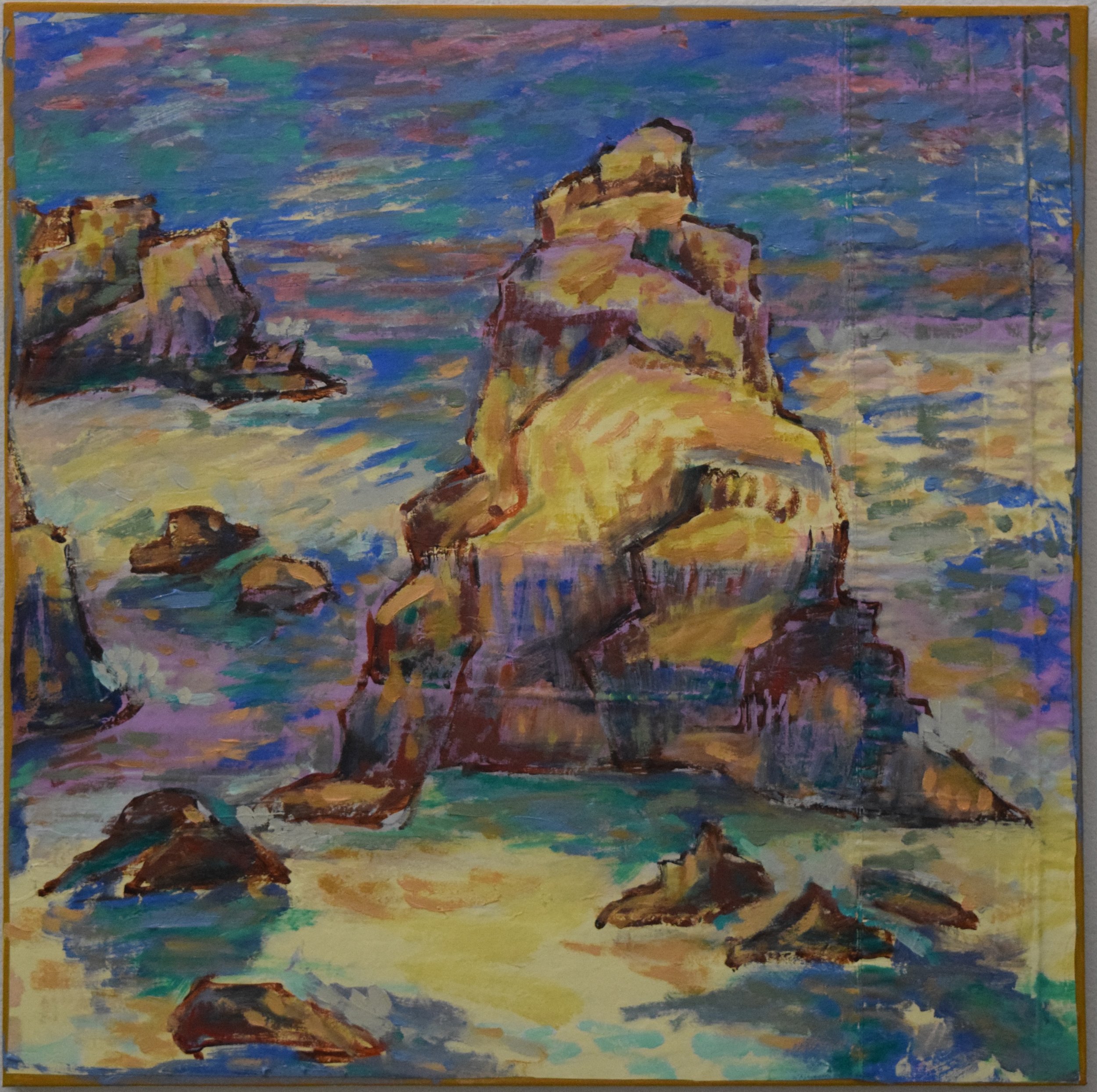 A colorful painting of a coastal scene with large rocks and cliffs by the sea, using bold brushstrokes and vibrant colors.