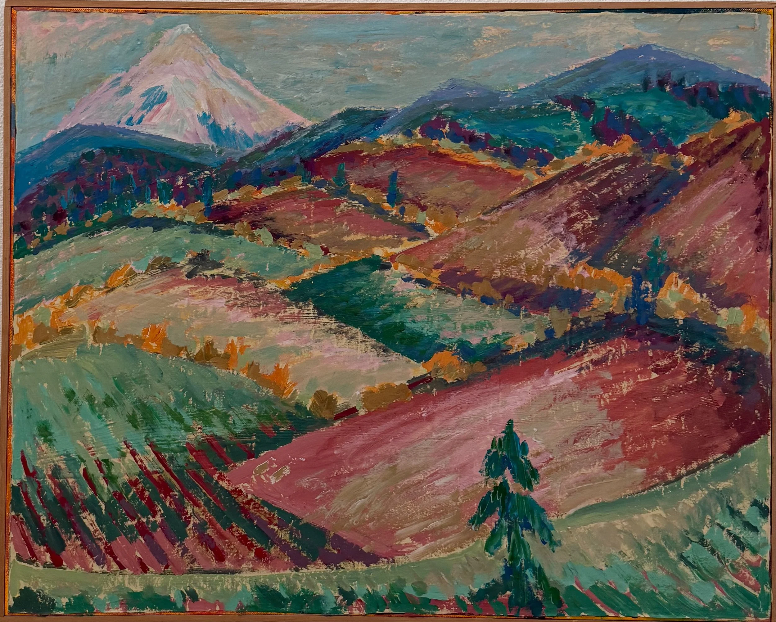 Colorful landscape painting of rolling hills, trees, and a snow-capped mountain in the background.