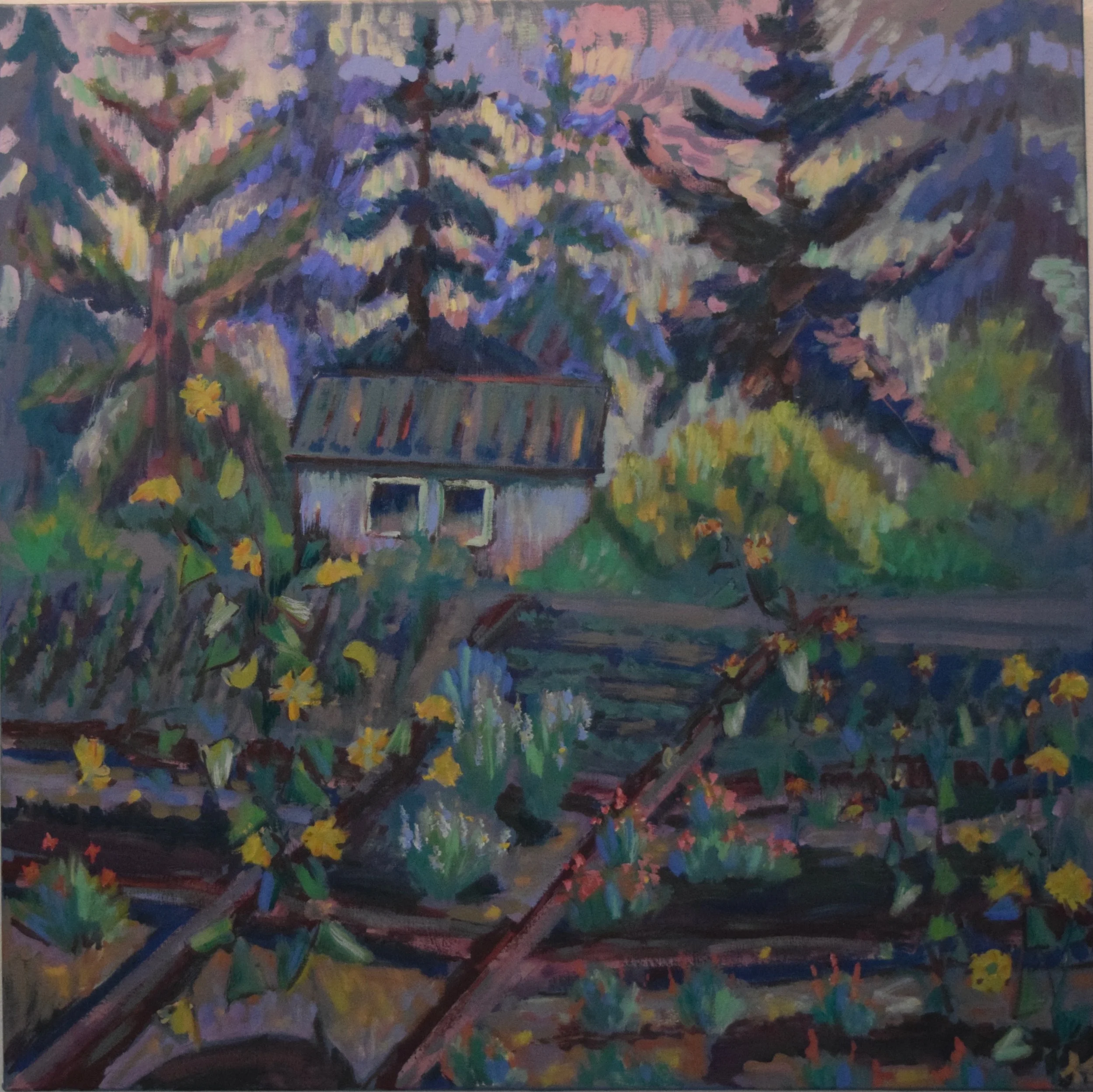 Impressionist style painting of a small house surrounded by trees and a garden with yellow flowers, with a wooden fence and railway tracks in the foreground.