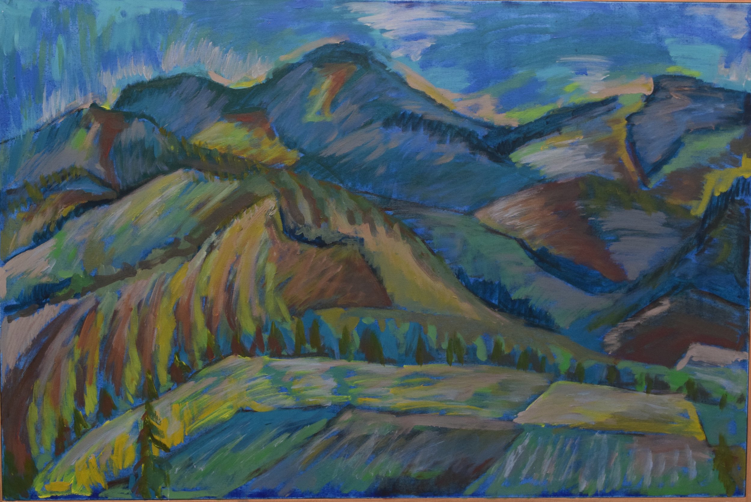 Colorful landscape painting of rolling hills and mountains with brushstrokes in blue, green, yellow, and brown hues.