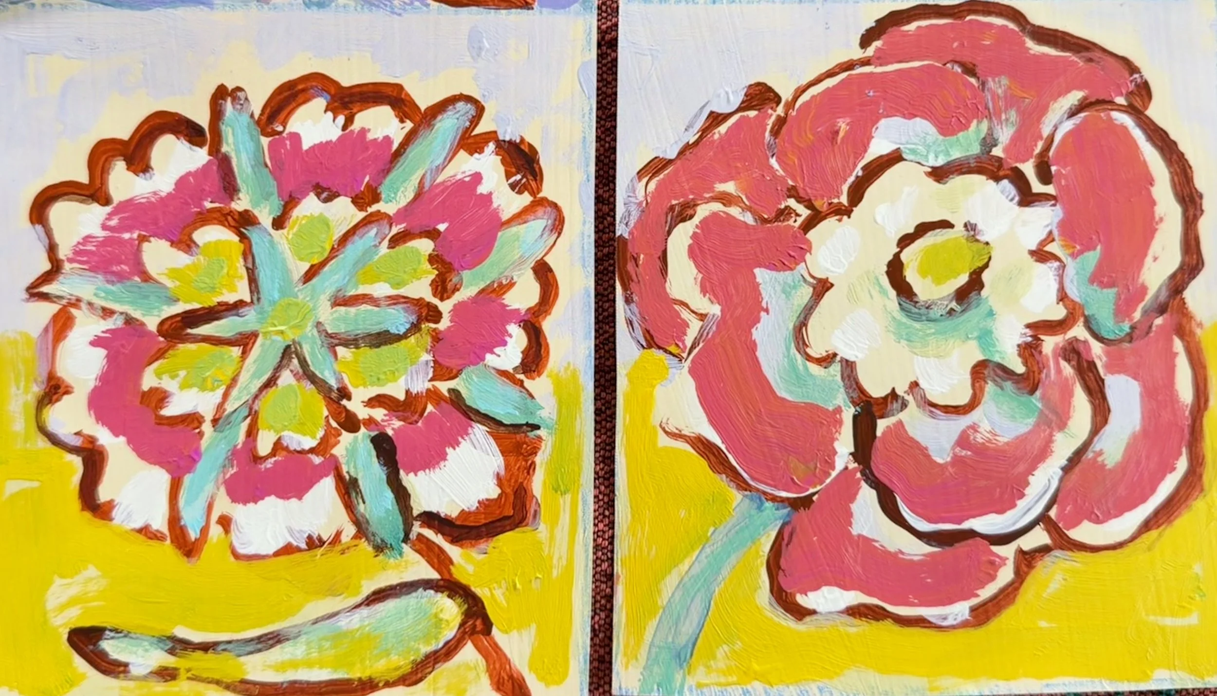 Two abstract floral paintings with yellow backgrounds, featuring bright pink and white flowers with green accents and dark outlines.