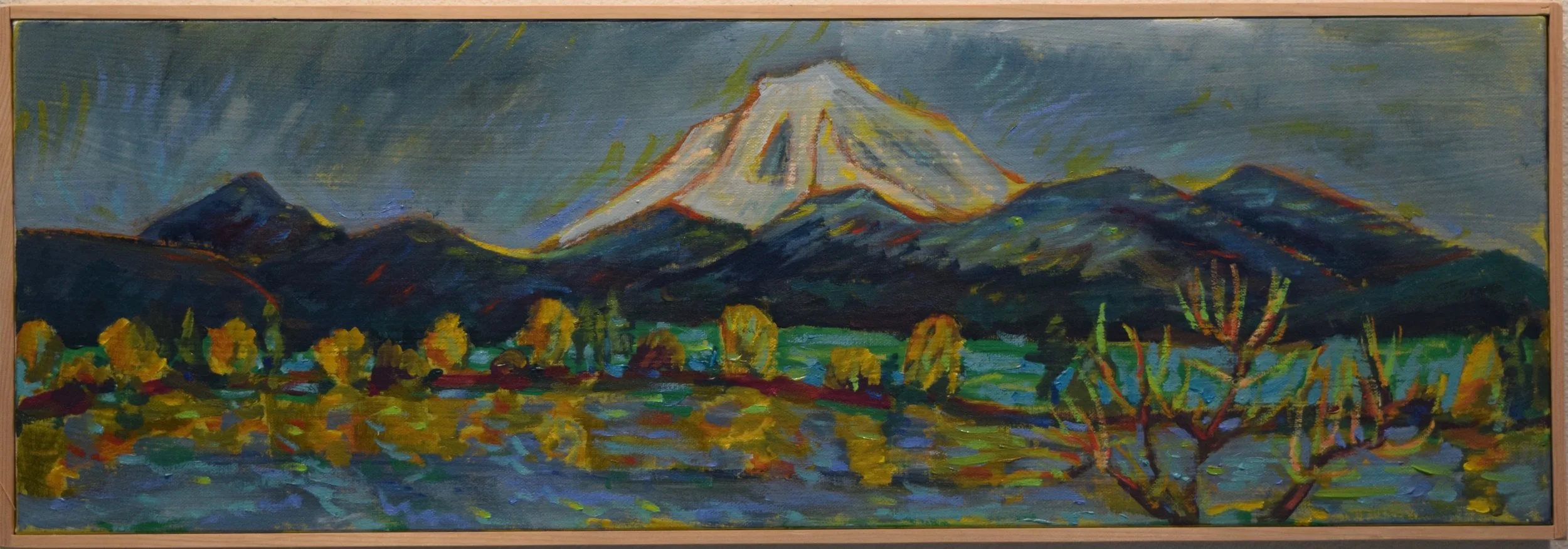 A landscape painting of a snow-capped mountain, likely Mount Fuji, with trees and water in the foreground, painted in an impressionistic style.