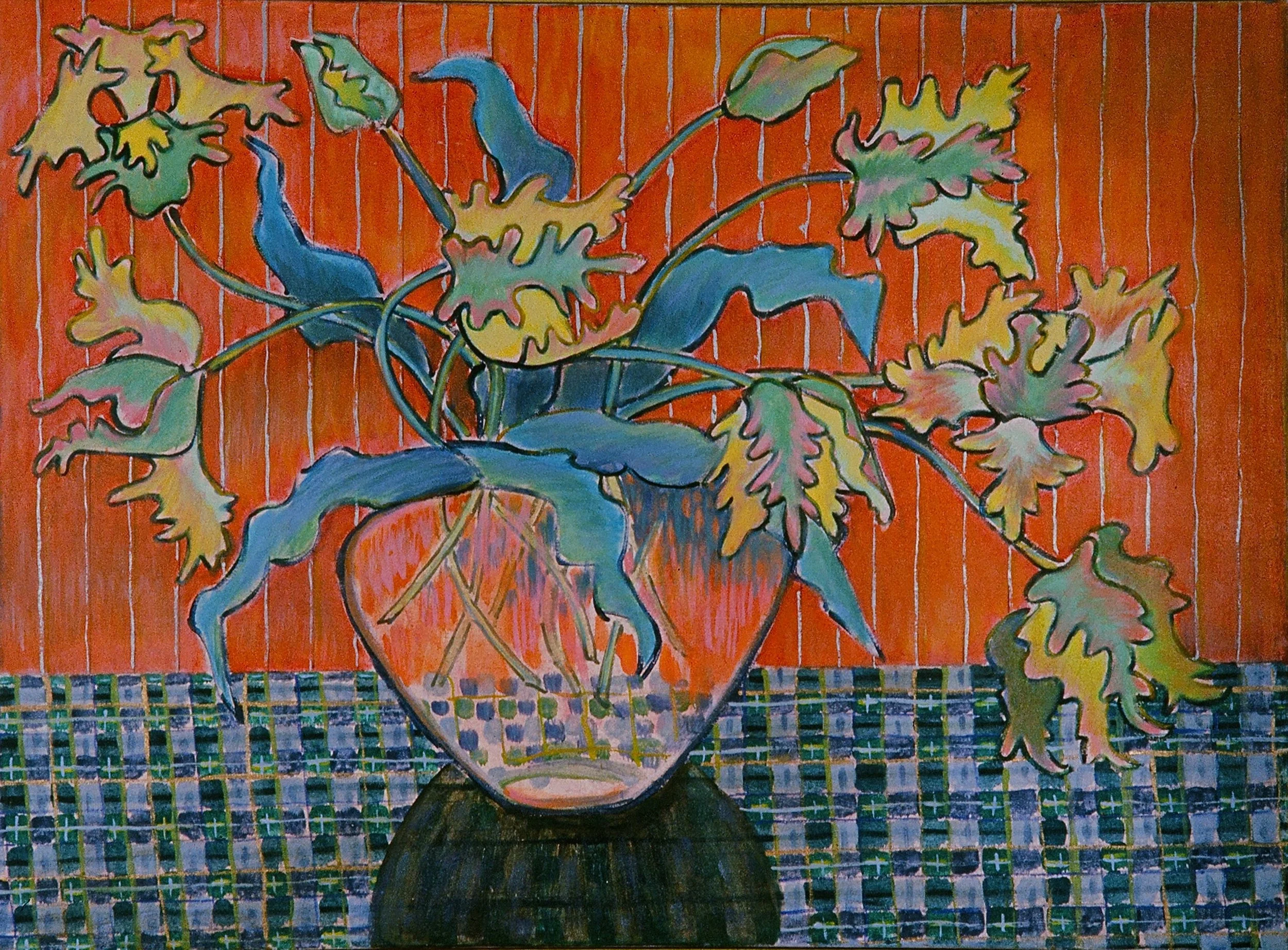 A colorful painting of a potted plant with green and yellow leaves on an orange background with vertical white lines, placed on a patterned blue and green tiled surface.