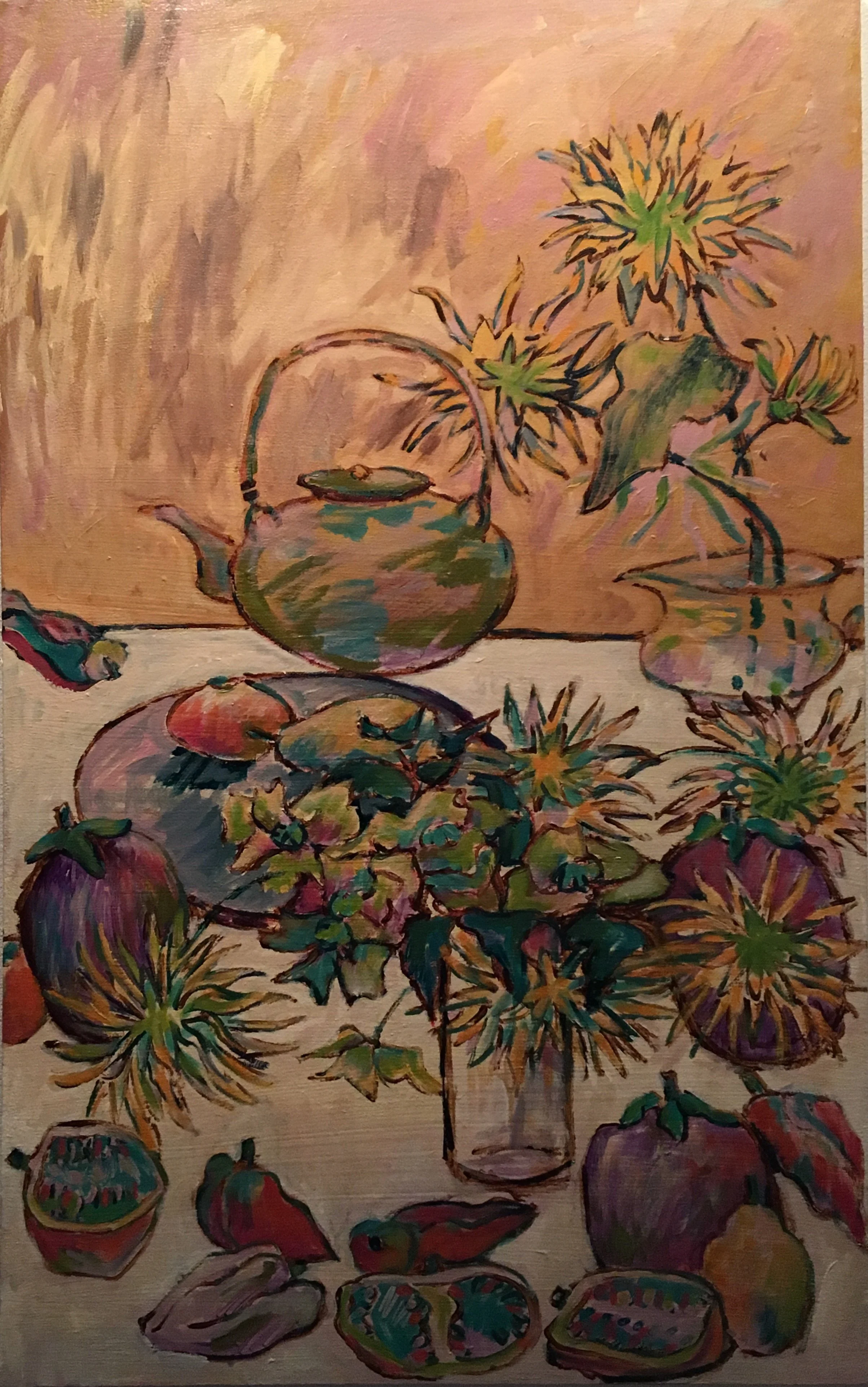 A still life painting featuring a teapot, various fruits, flowers in a glass, and decorative bowls on a table.