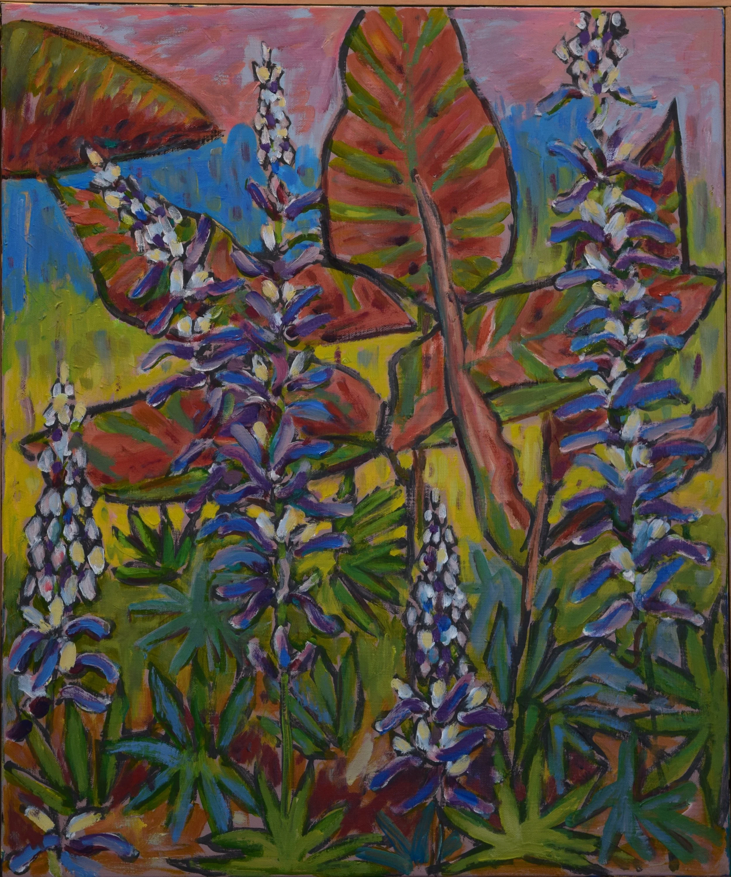 Brightly colored abstract painting of purple and white flowering plants with large multicolored leaves in pink, green, and blue background.