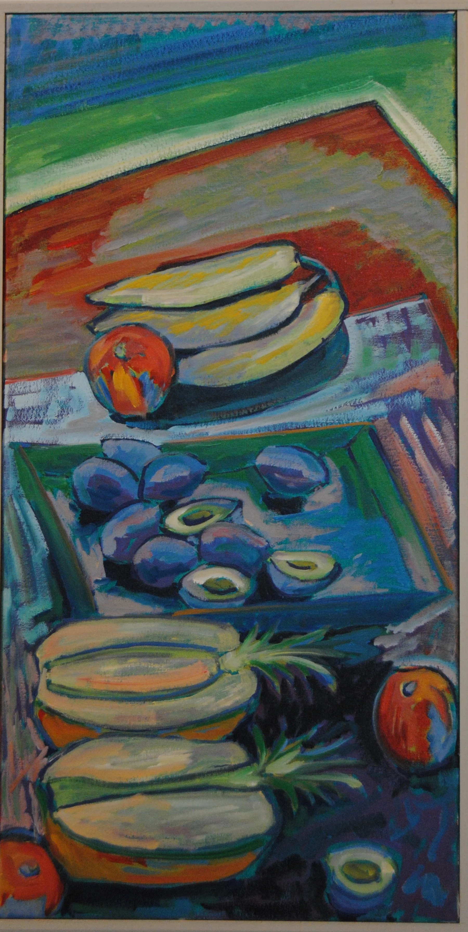 Colorful abstract still life painting of bananas, apples, blueberries, and a pineapple on a table with various vibrant backgrounds.