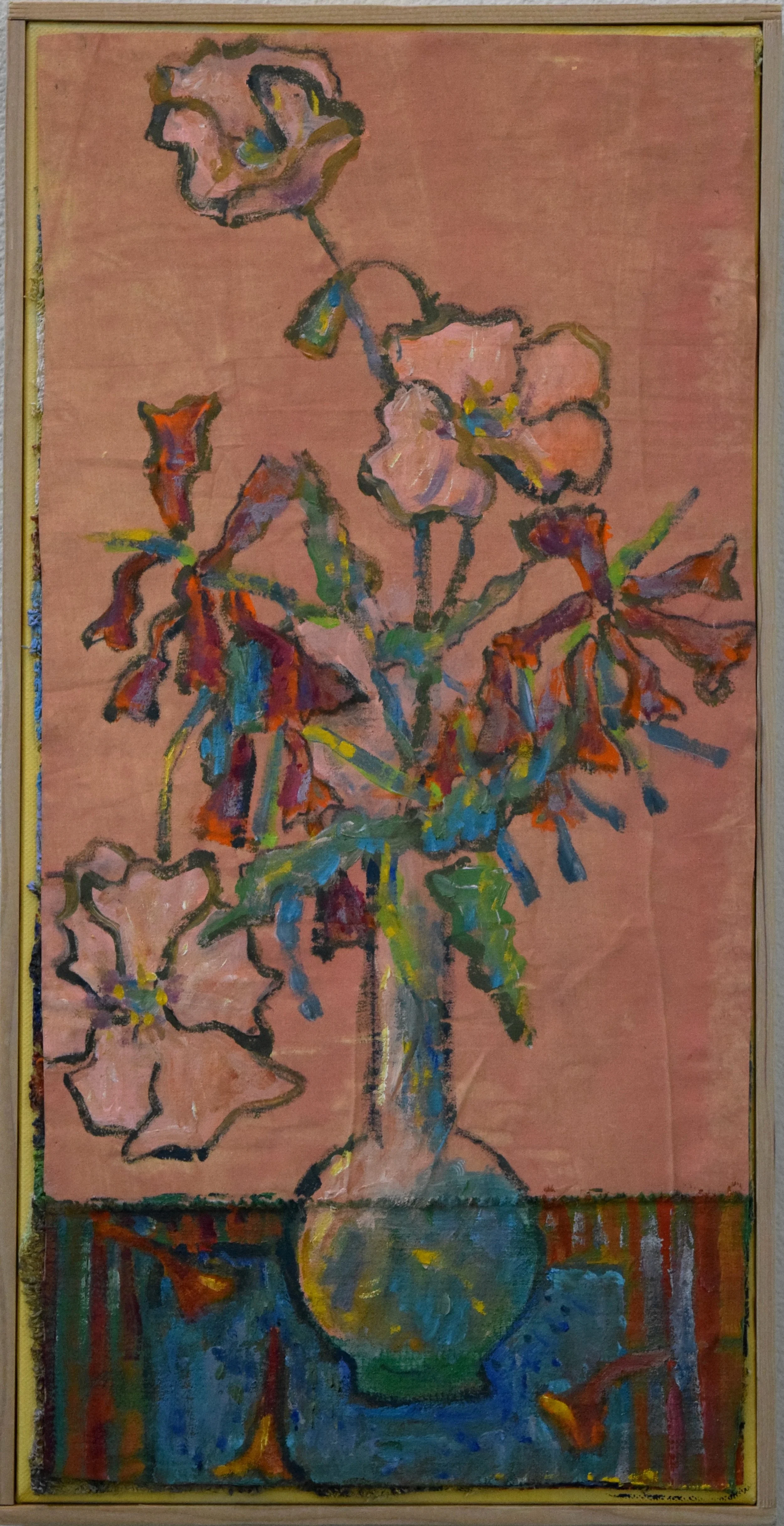 An abstract painting of a flower arrangement in a vase on a table with a pink background.