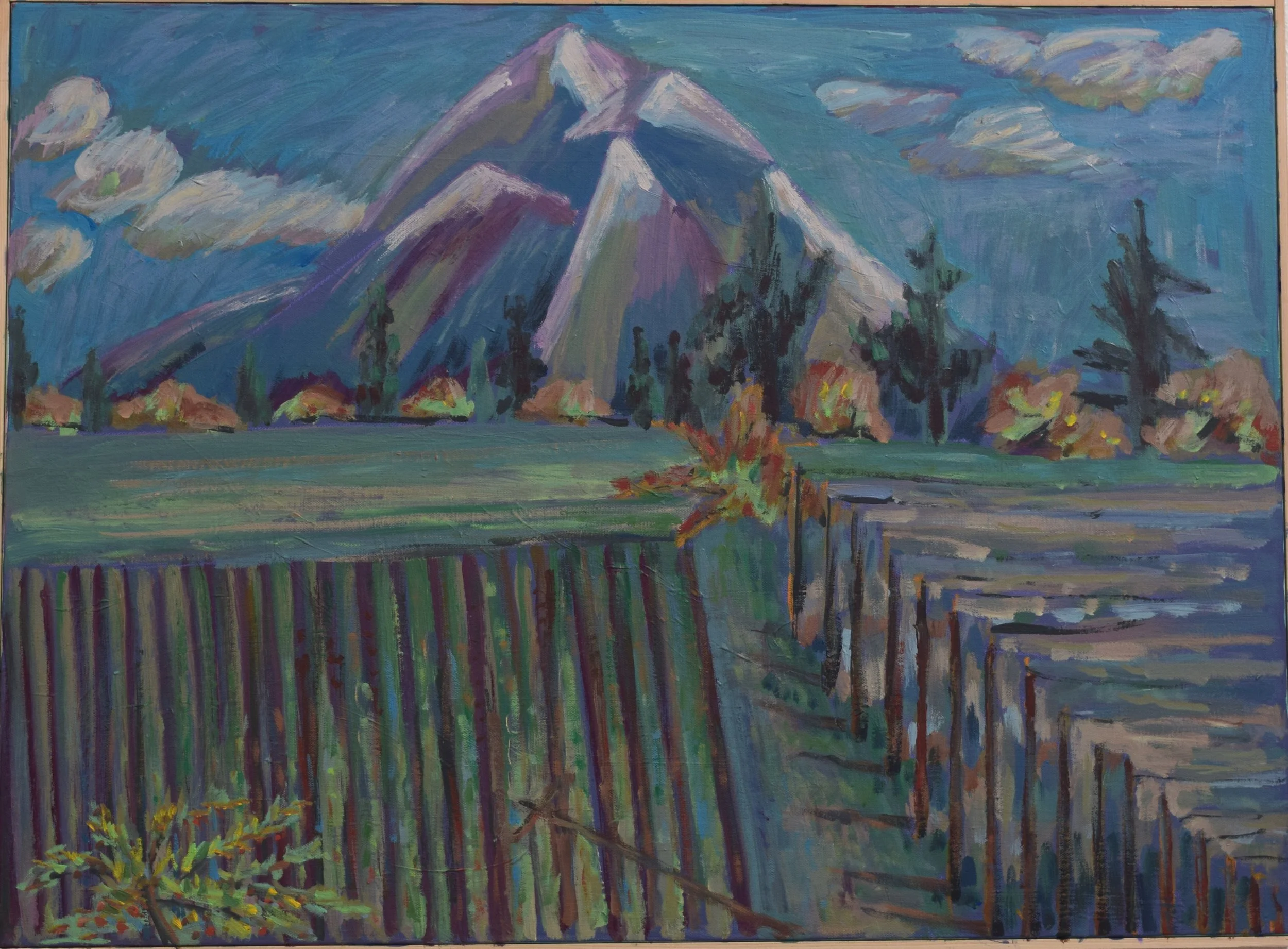 An impressionist-style painting of a mountain with snow-capped peaks, trees, a fence in the foreground, and clouds in the sky.