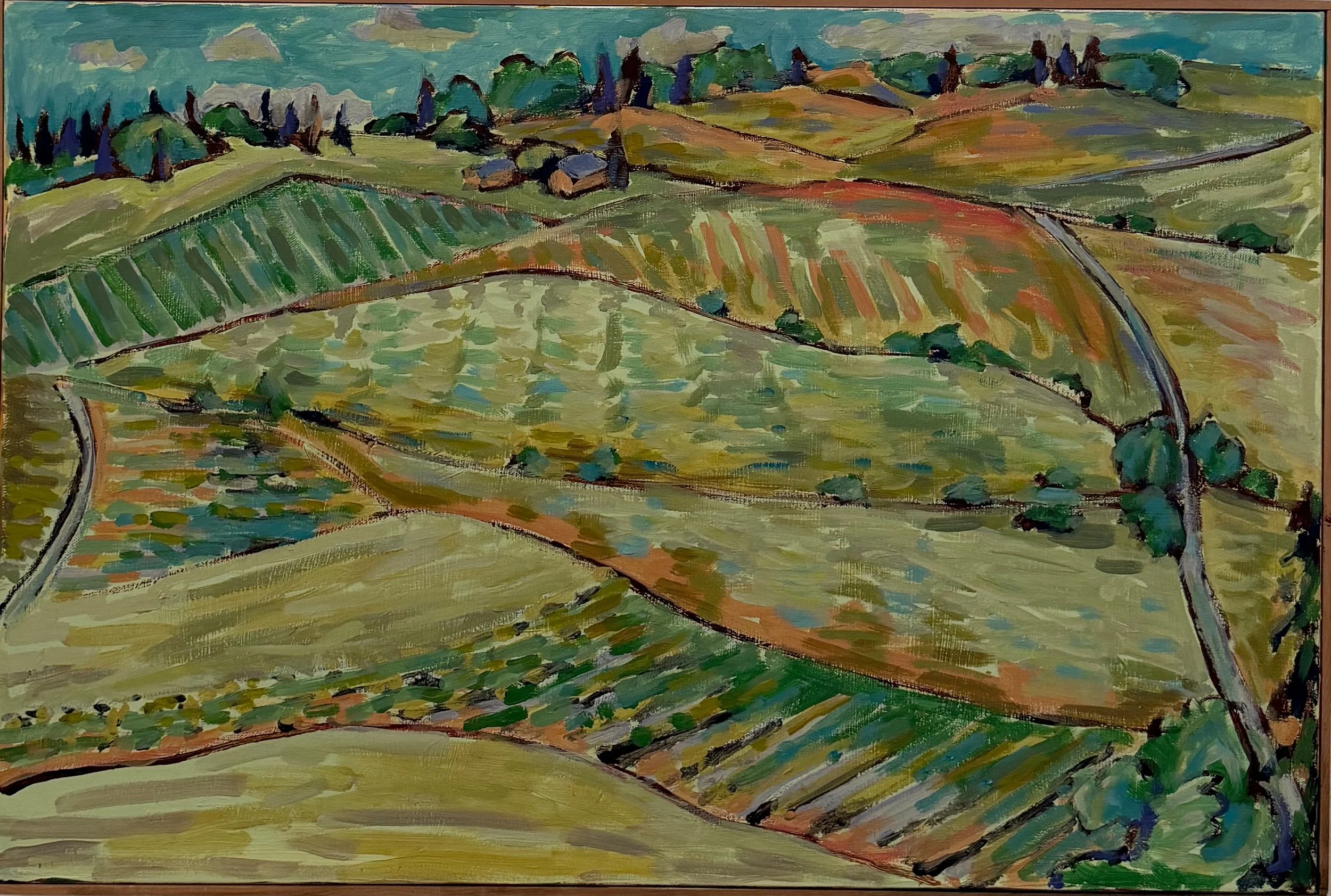 A colorful landscape painting of rolling hills with patches of farmland and trees, featuring vibrant brushstrokes and a mix of green, yellow, brown, and blue hues.