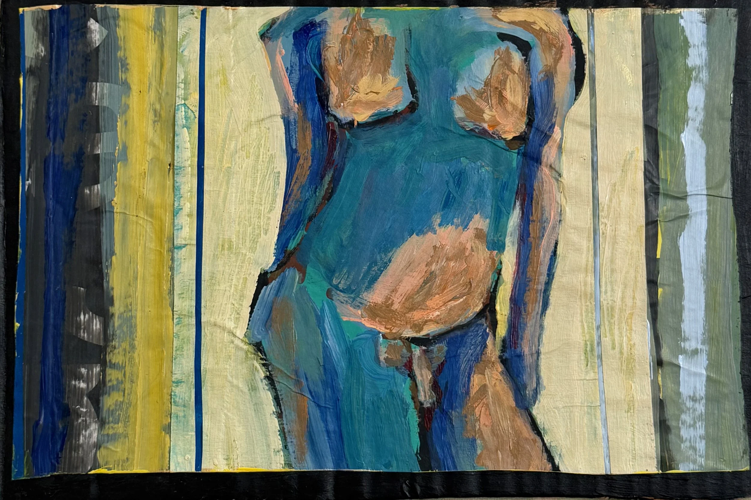 An abstract painting of a woman in a blue dress with her head down, on a background with various stripes and colors.