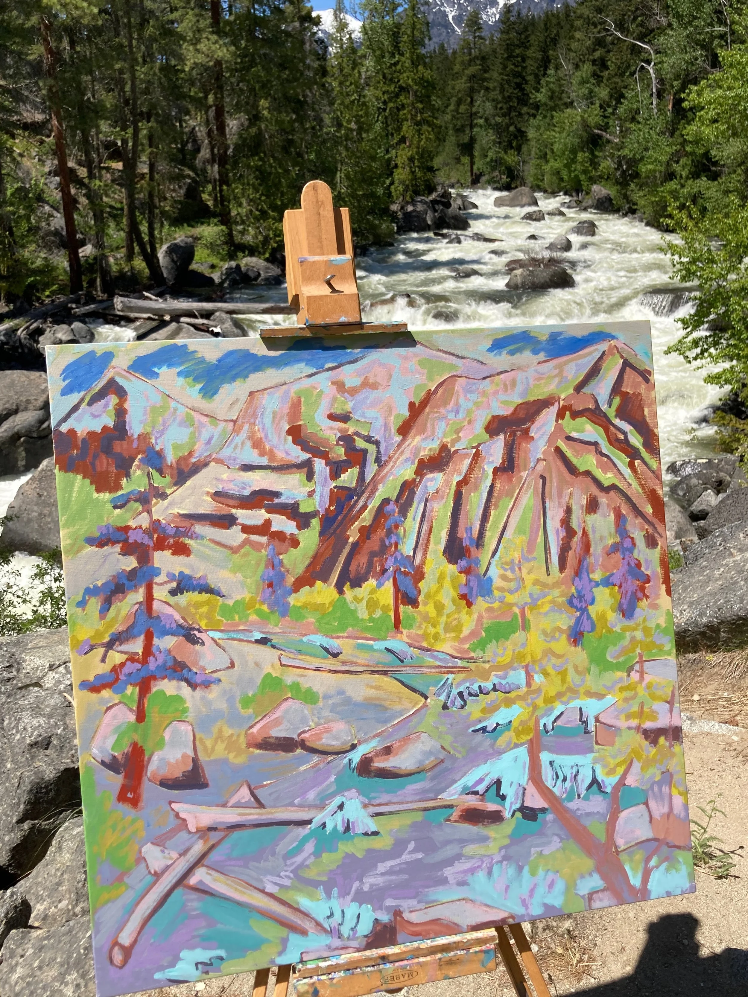 An outdoor painting of a mountain scene with trees, rocks, and a flowing river, set up on an easel in front of a real river in a forested area.