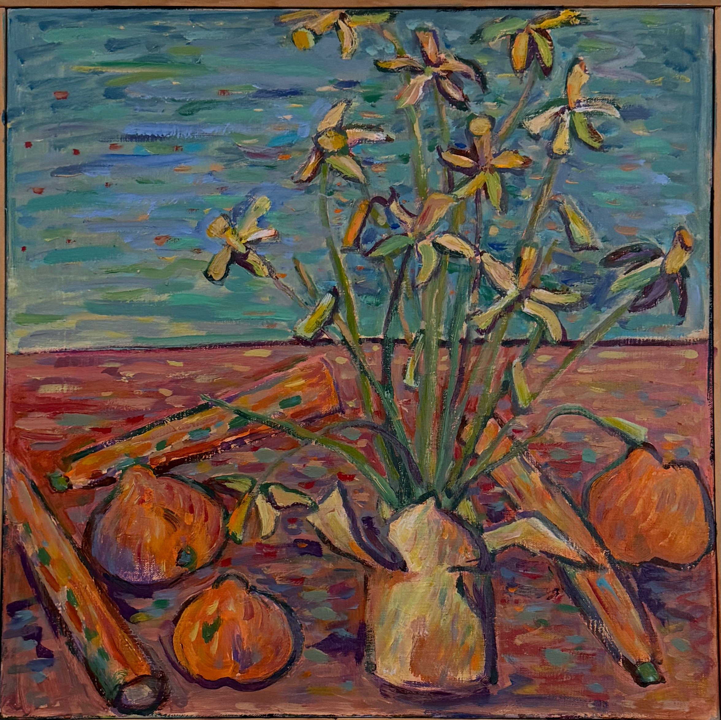 A colorful oil painting featuring a bouquet of orange tulips in a vase, with three tulip bulbs and a broken flower stem on the table. The background is a mix of blue, green, and purple brushstrokes, creating an impressionistic style.