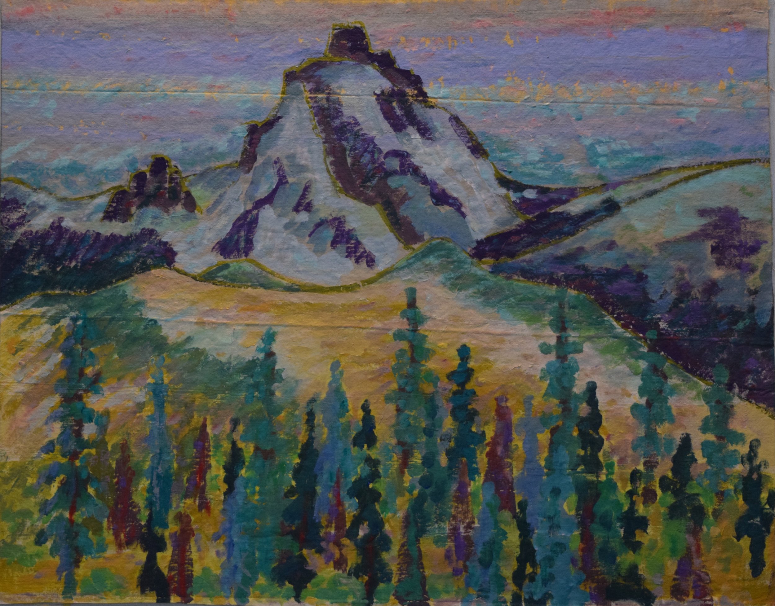 Colorful abstract painting of a mountainous landscape with trees in the foreground and a large peak in the background.