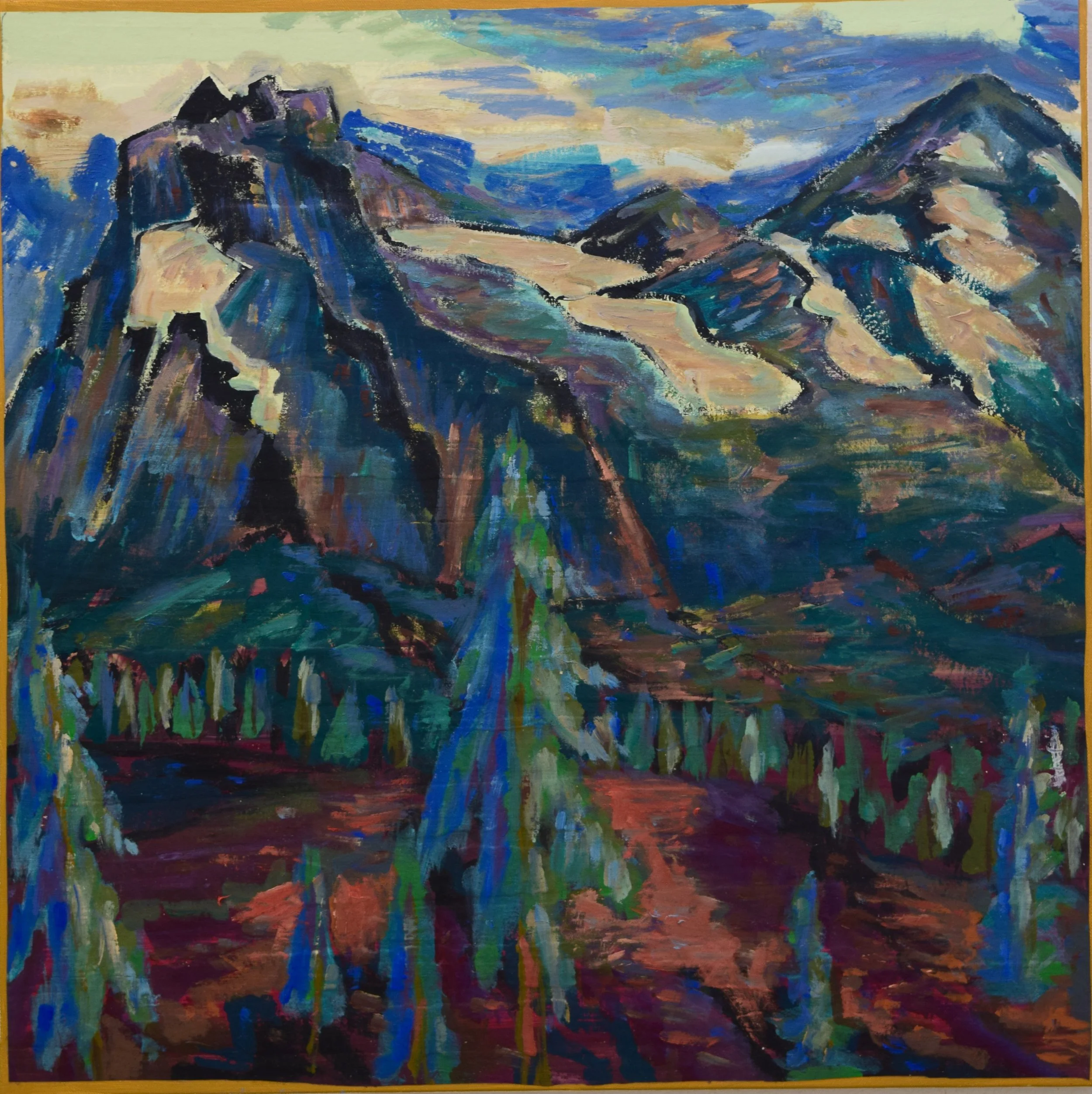 An abstract painting of mountains, with a mix of blue, purple, beige, and green colors, and a forest at the base.