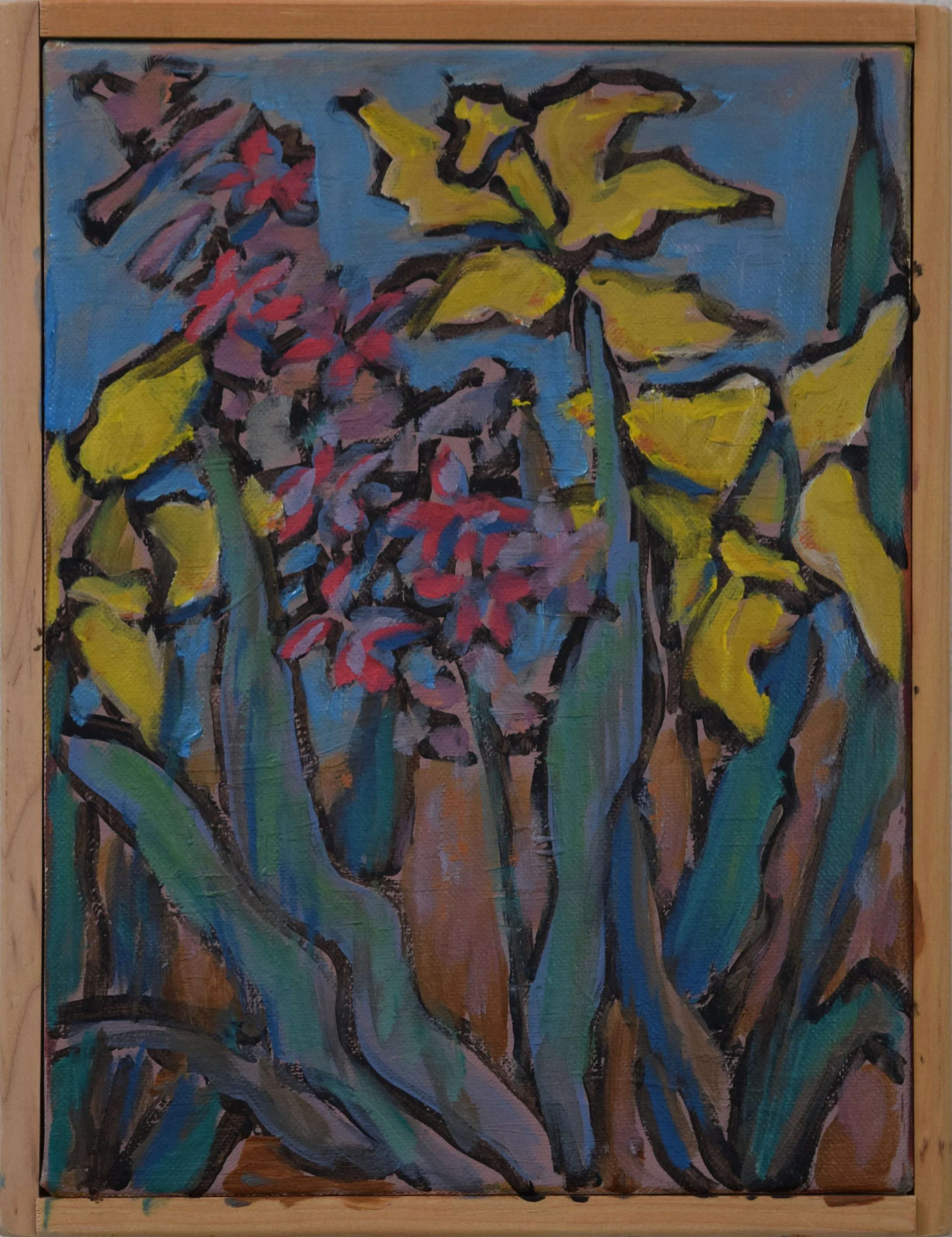 An abstract painting of leaves, flowers, and stems using bold colors and black outlines.
