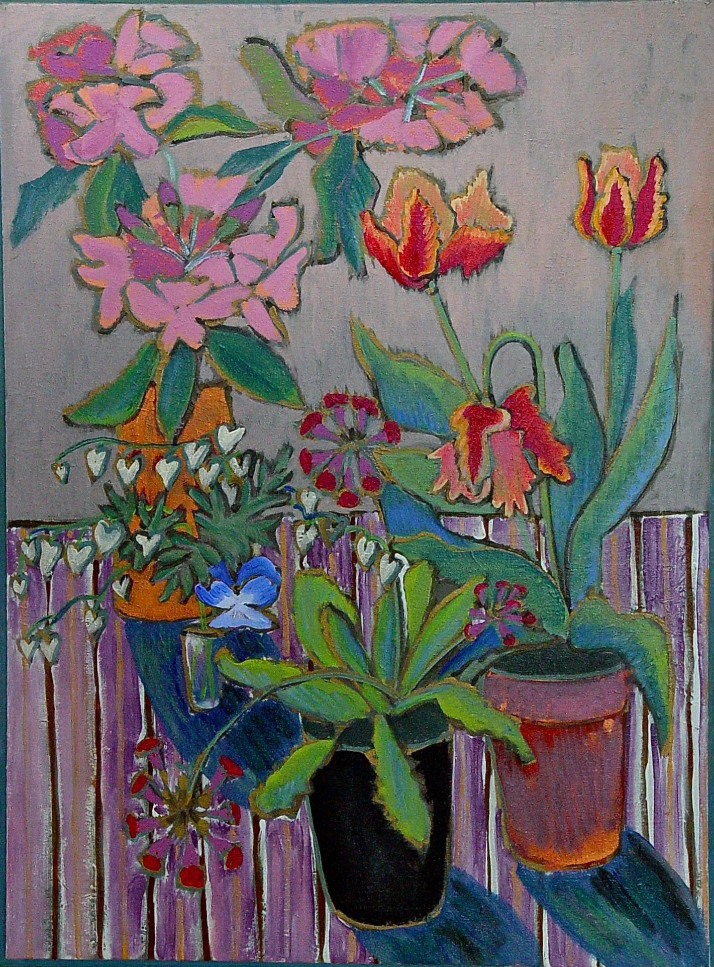 A colorful painting of two vases with vibrant flowers, including pink, red, purple, and blue blossoms, on a striped pink and purple tablecloth.