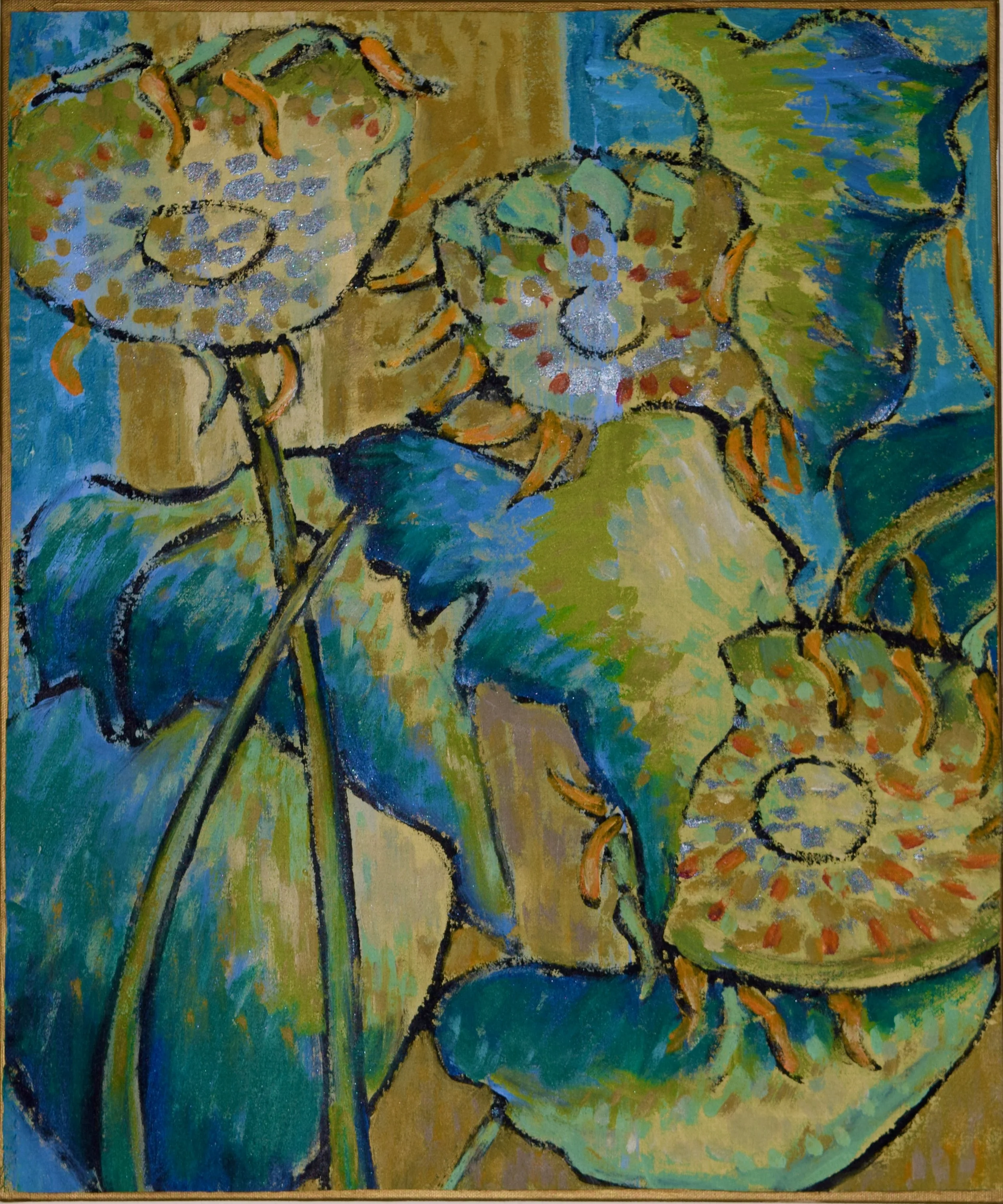 A colorful painting of water lilies and lotus flowers with large green leaves on a pond, featuring impressionistic brushstrokes and vibrant colors.