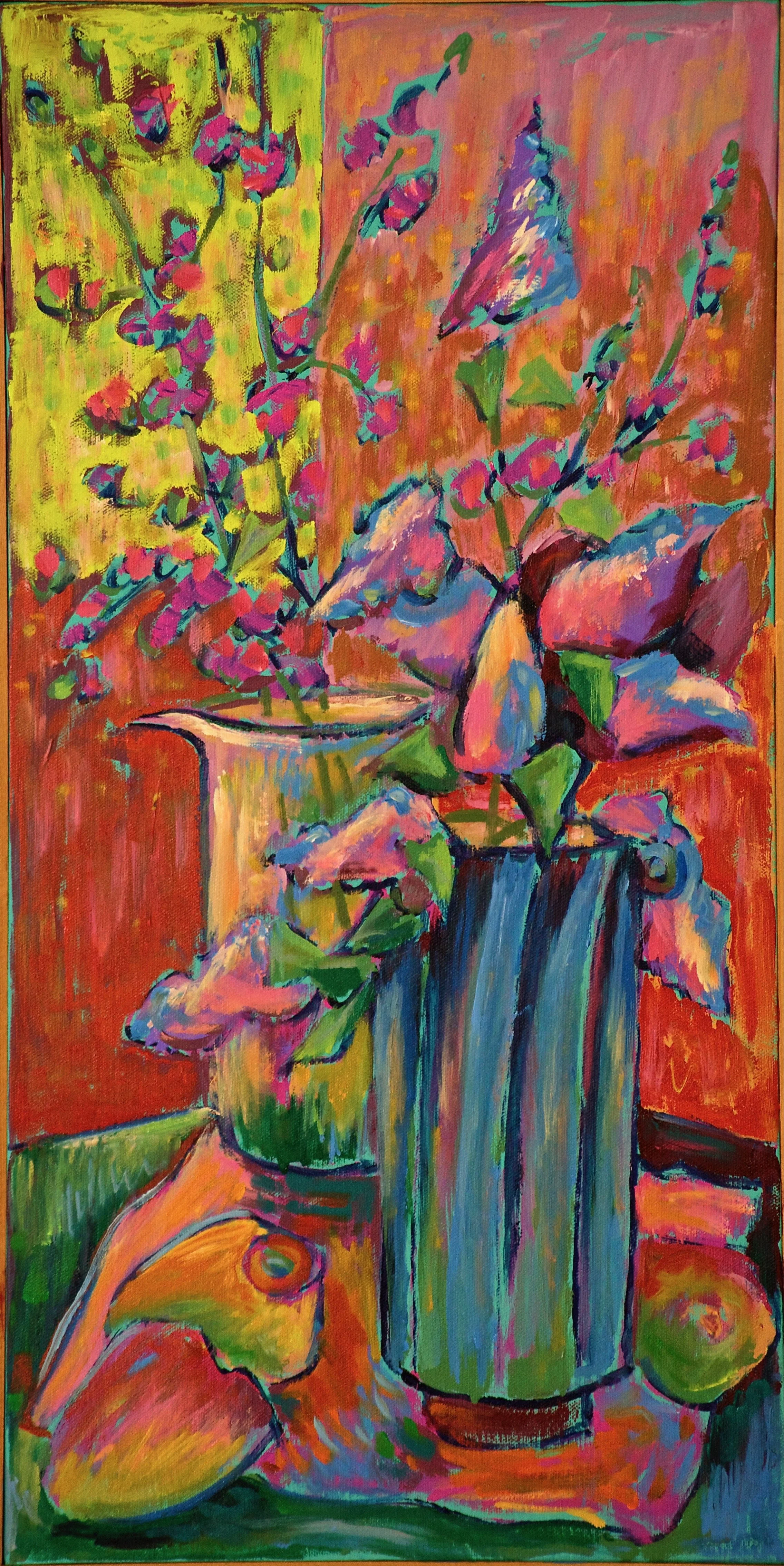 A colorful abstract painting of two vases with flowers, using bold brushstrokes and vibrant colors.