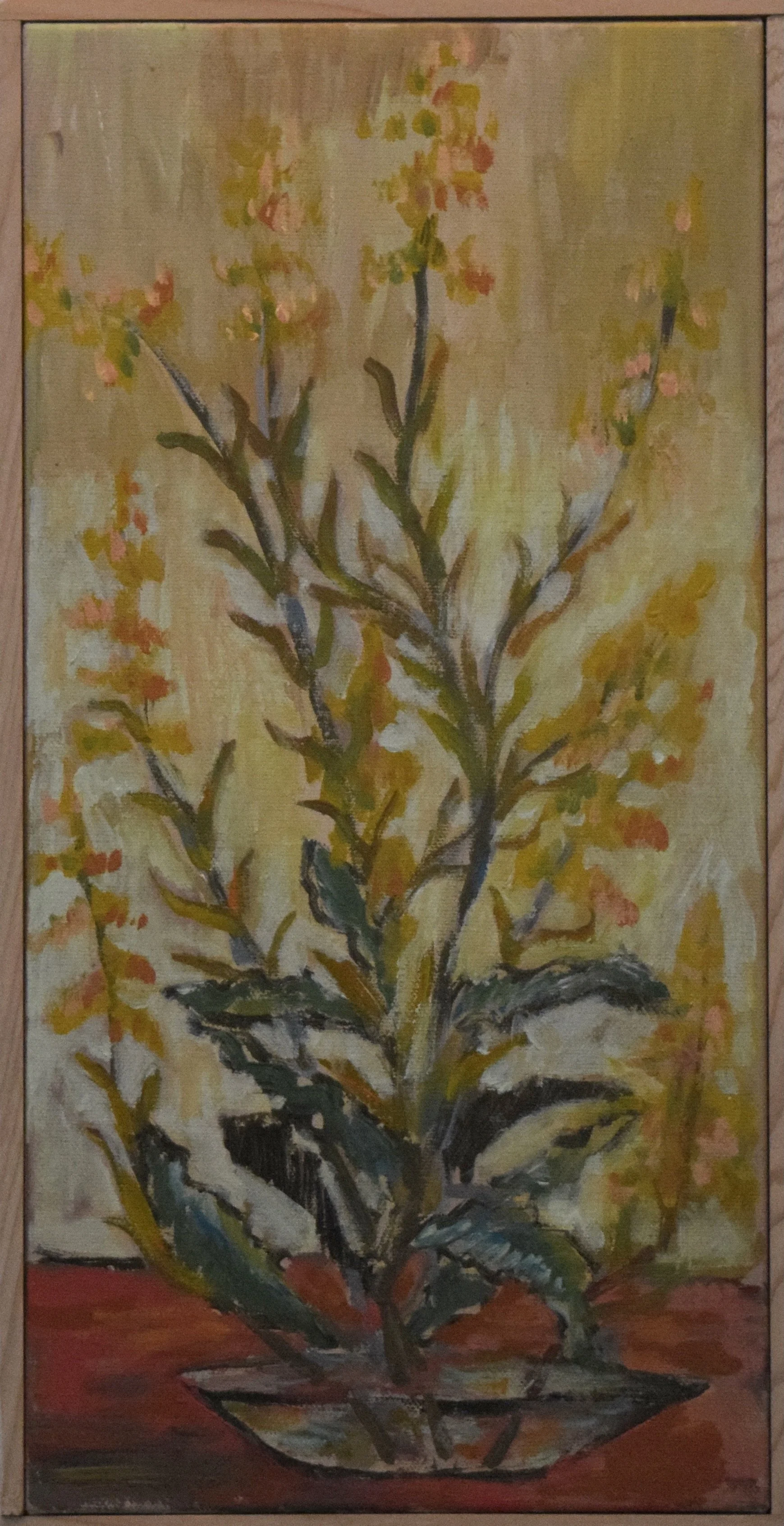 An oil painting of a potted plant with green leaves and yellow-orange flowers, set against a yellow background.