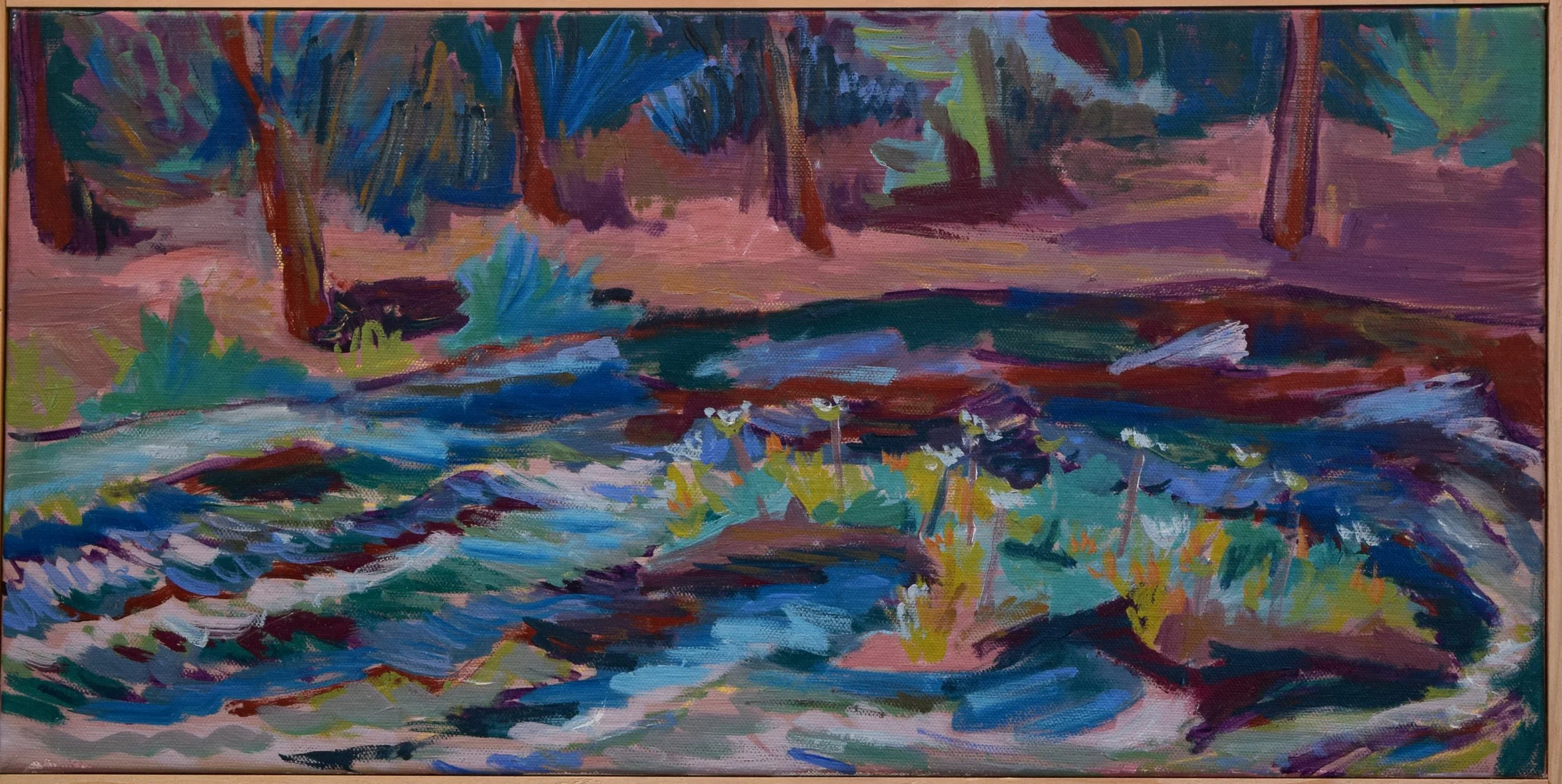 An impressionistic painting of a creek or river with flowing water, surrounded by trees and vegetation, using bold brushstrokes and vivid colors.