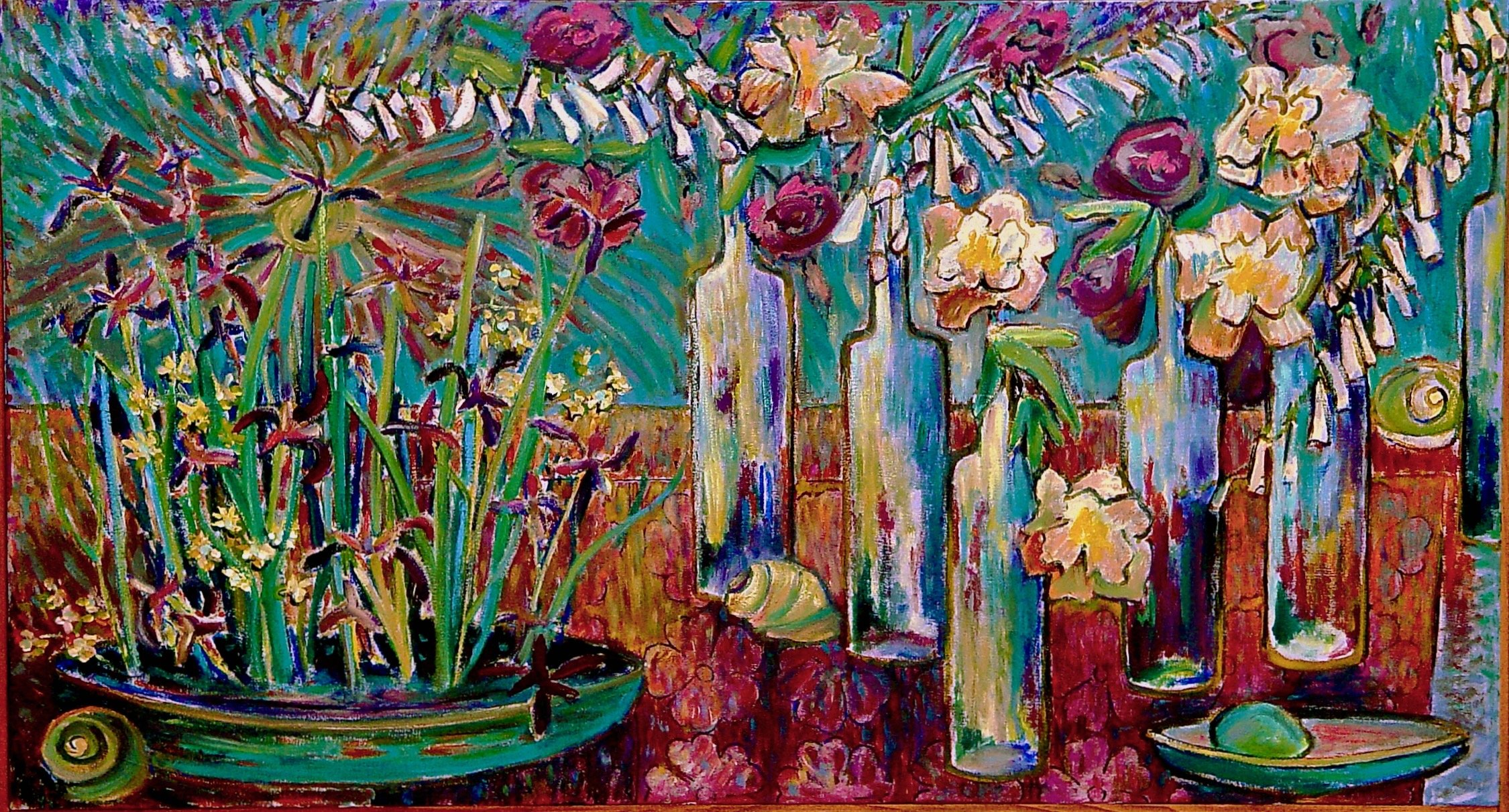 A colorful painting of flowers in vases on a table with bottles and a snail, created with bold brushstrokes and vibrant colors.