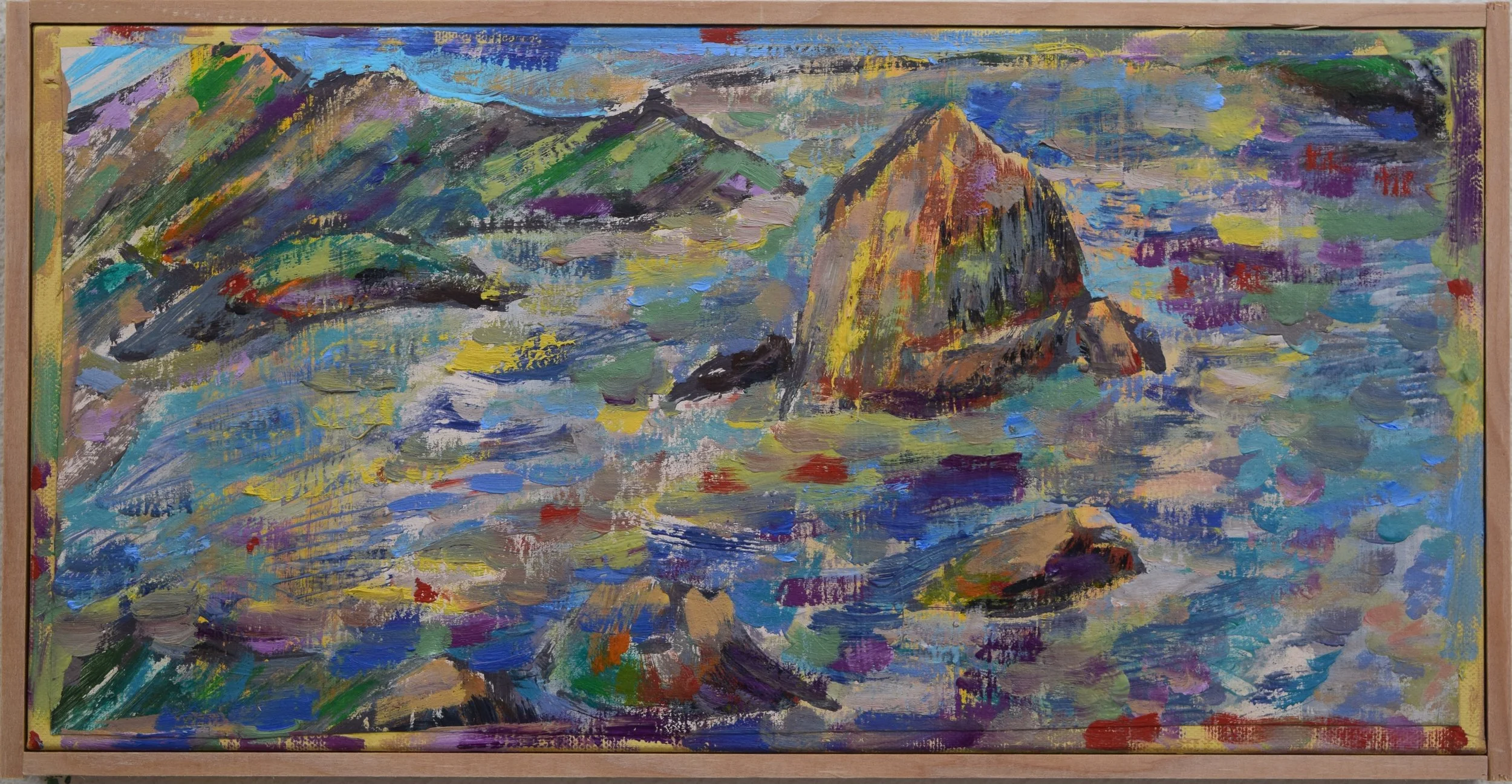 An abstract landscape painting depicting mountains and rocks in a body of water, using bold brushstrokes and bright colors.