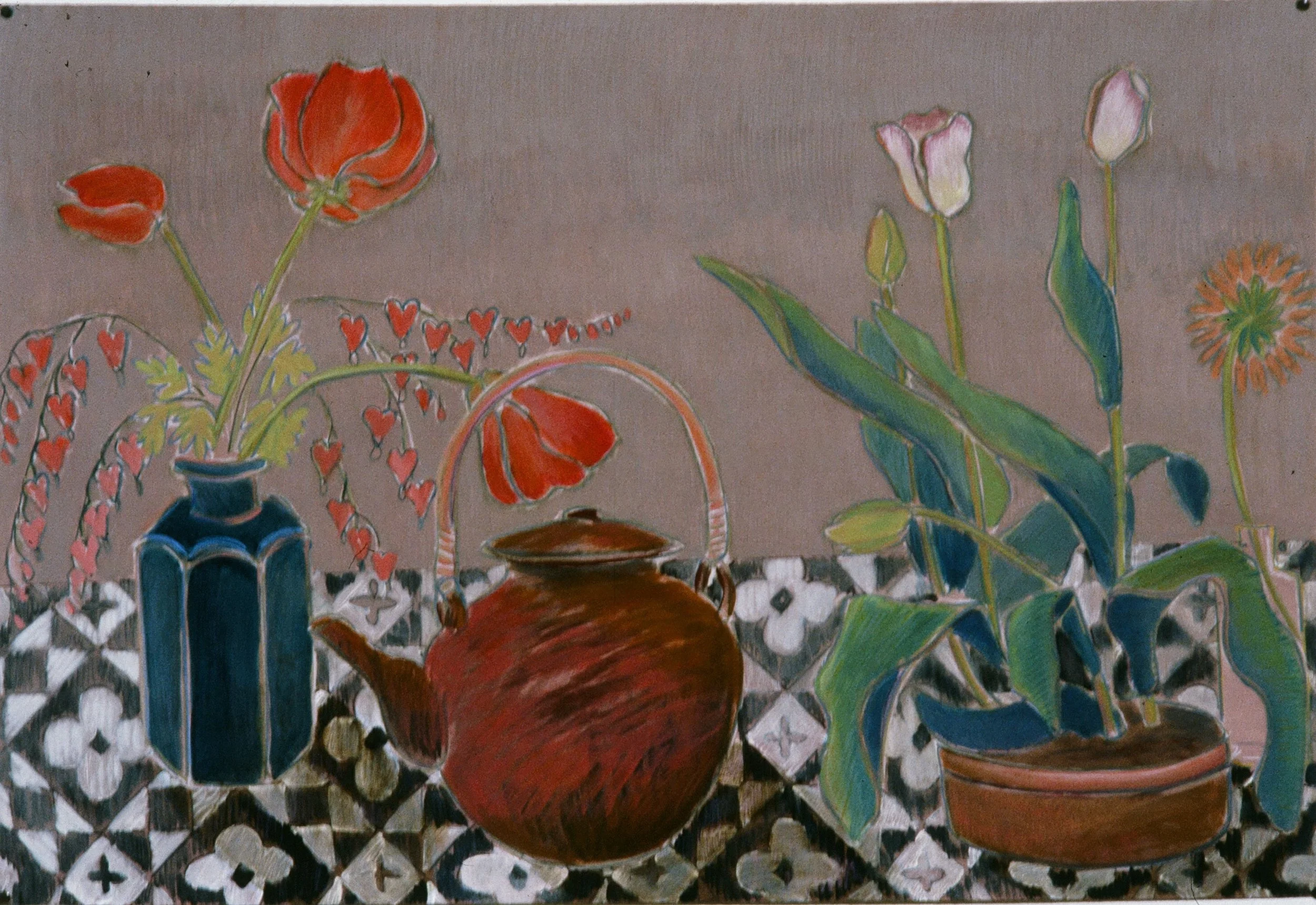 Painting of three potted plants and a teapot on a patterned surface, with a backdrop of a string of red hearts and a purple background.