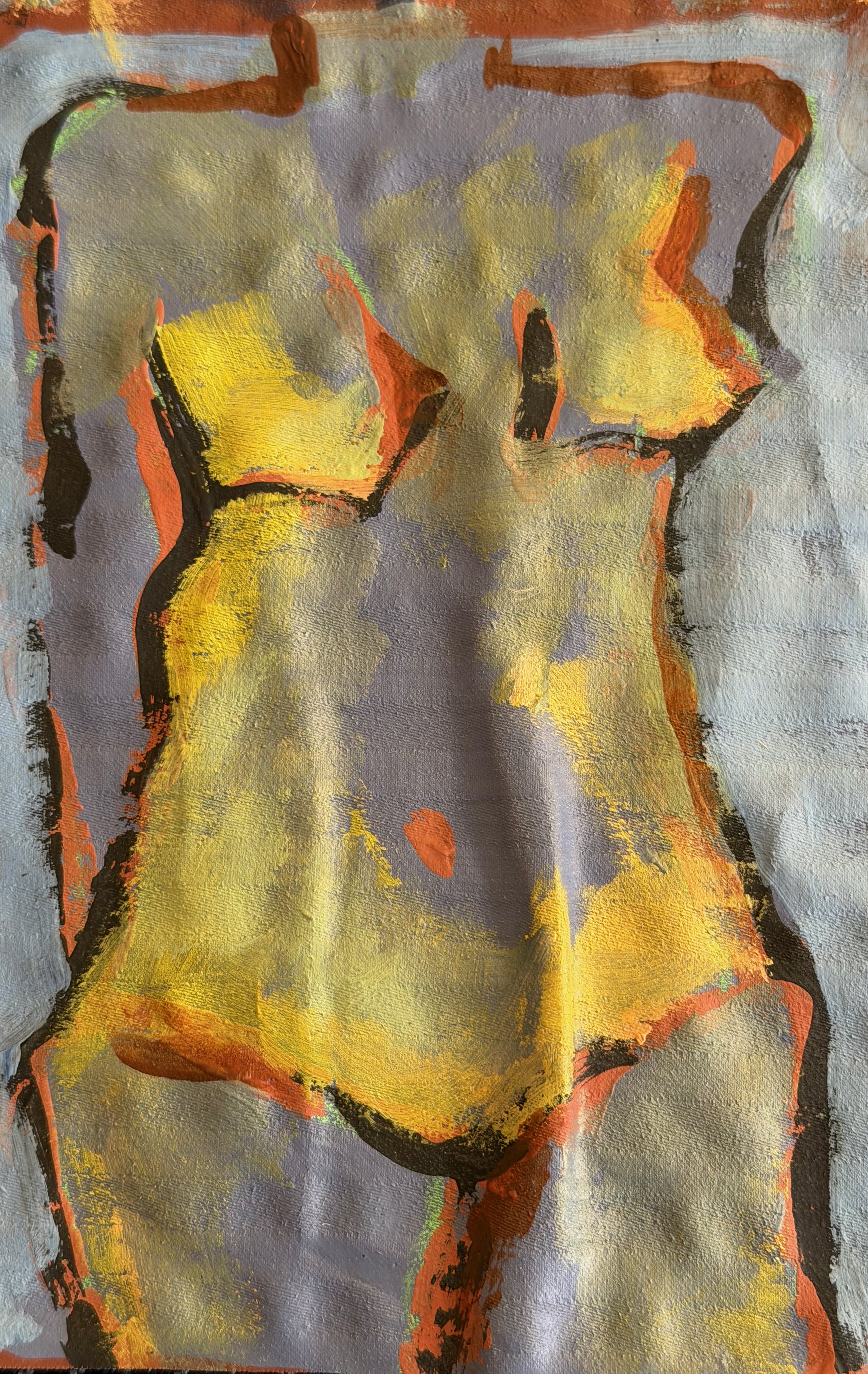 Abstract painting of a female torso with yellow, gray, black, and orange brushstrokes.