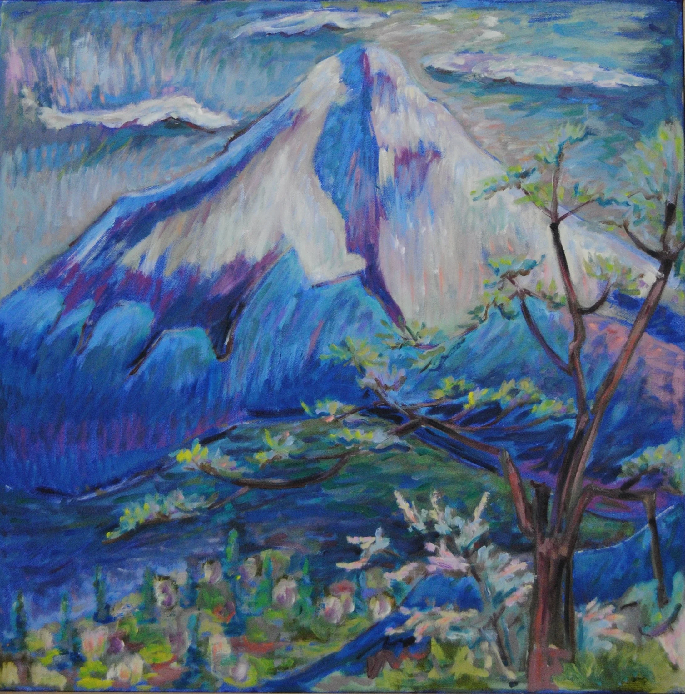 A colorful painting of a mountain with snow-capped peaks, a clear sky with clouds, and a tree in the foreground with green leaves and brown branches.