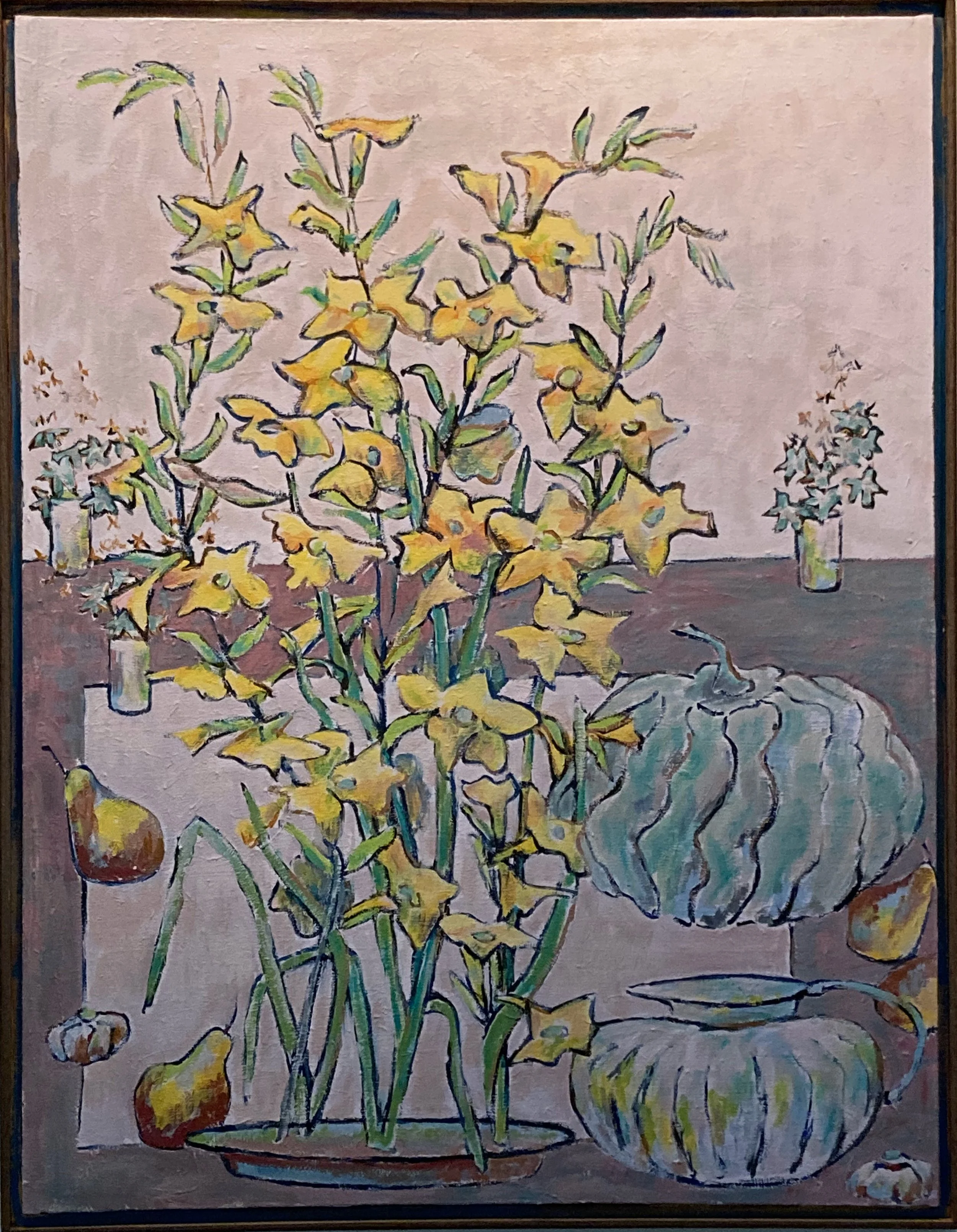A painting of a large bouquet of yellow flowers with green stems in a brown pot, set on a table with a large green striped pumpkin, a smaller orange pumpkin, and two vases with smaller flowers in the background.